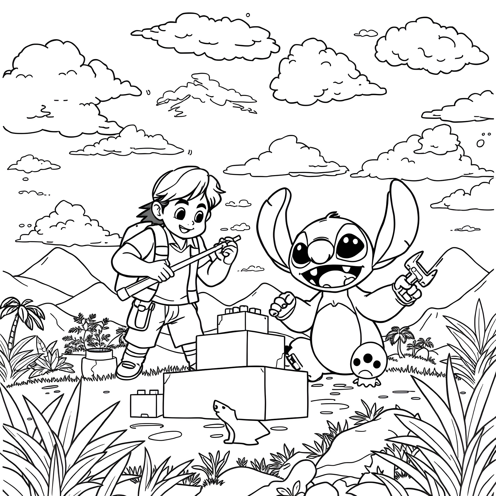 Lilo playing with Stitch in a tropical landscape Coloring Page (free black-and-white line drawing printable PDF for all, from beginners to advanced learners, including children, teens, adults, and seniors)