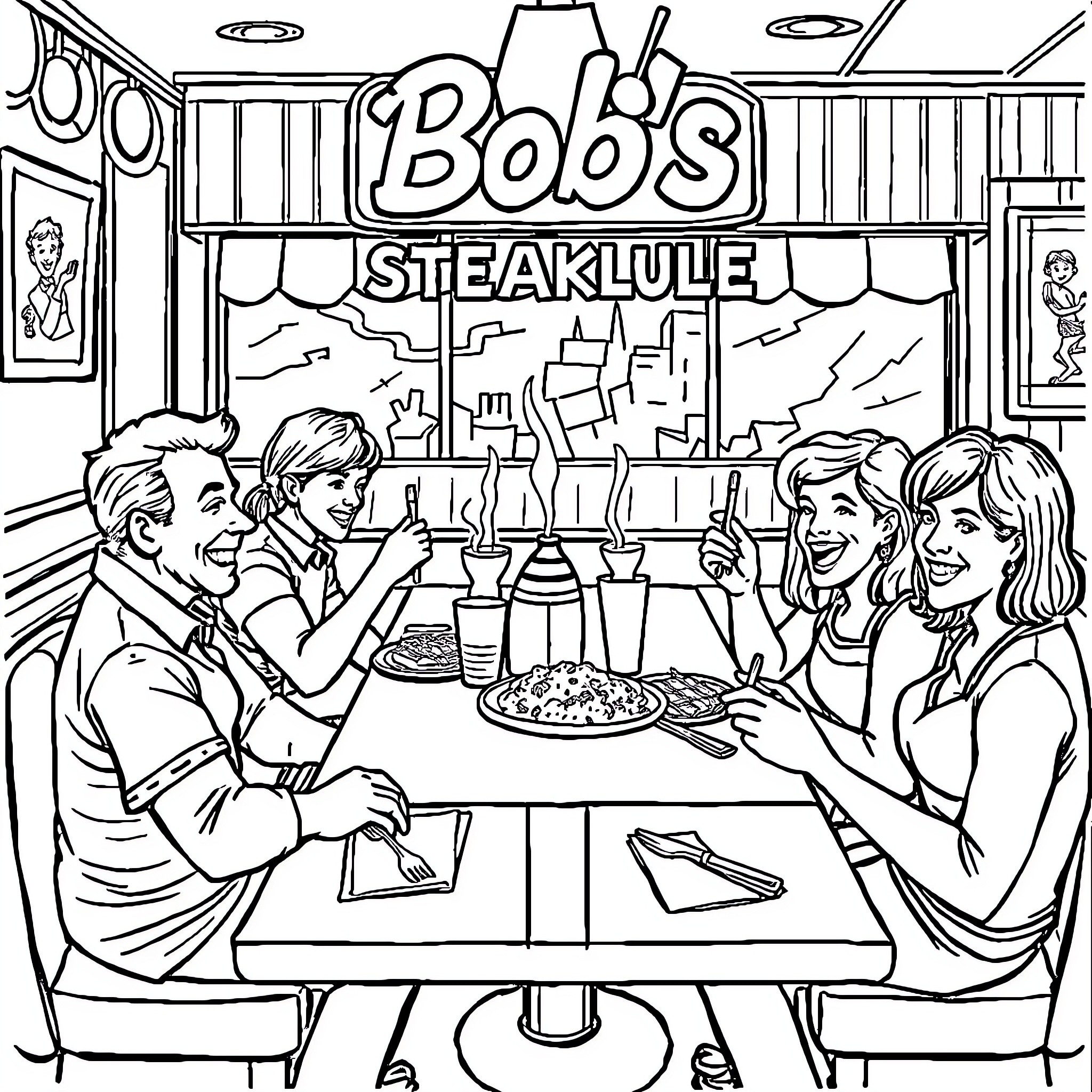 Table of Friends Enjoying Meal at Steakhouse Coloring Page (free black-and-white line drawing printable PDF for all, from beginners to advanced learners, including children, teens, adults, and seniors)
