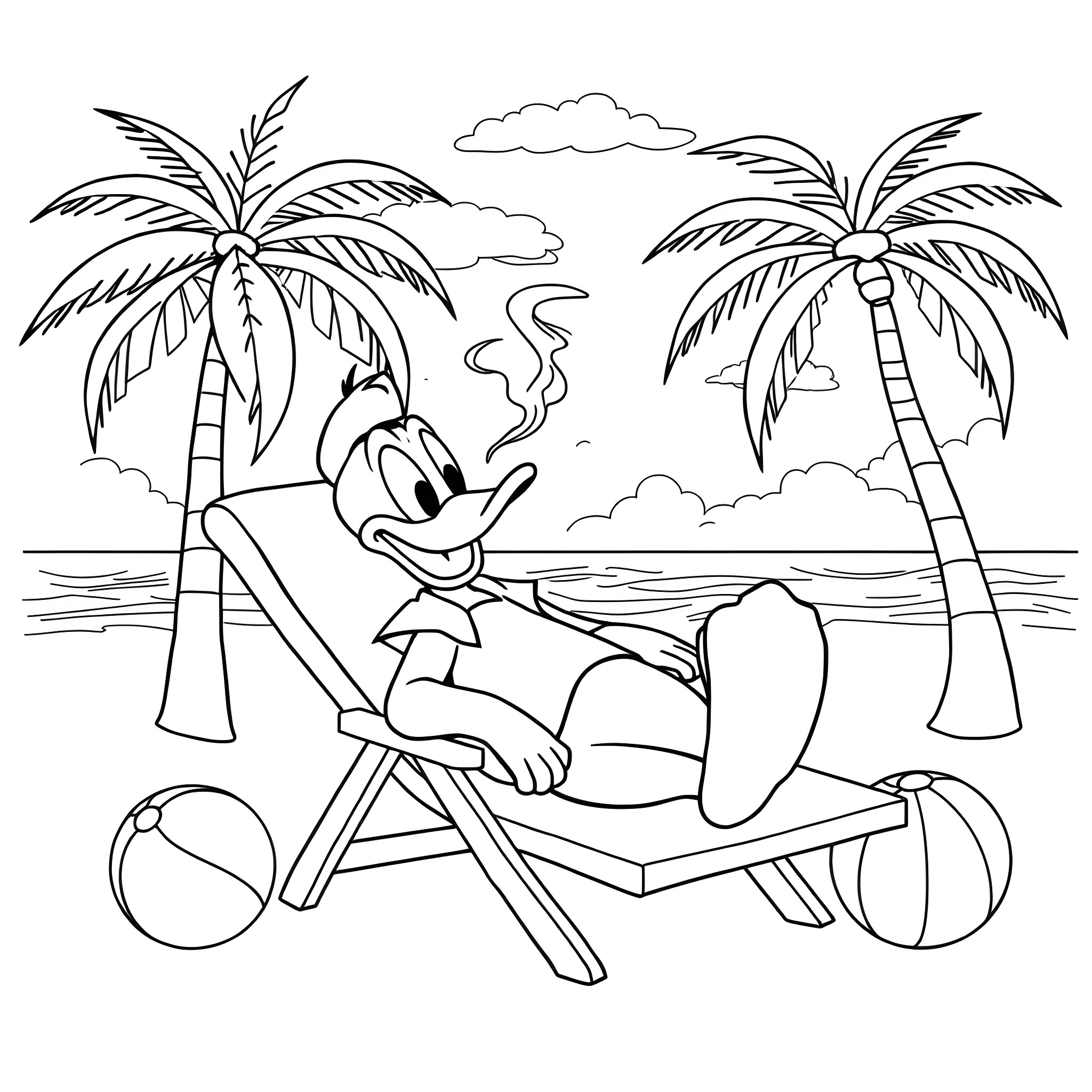 Donald Duck relaxing on the beach under palm trees Coloring Page (free black-and-white line drawing printable PDF for all, from beginners to advanced learners, including children, teens, adults, and seniors)
