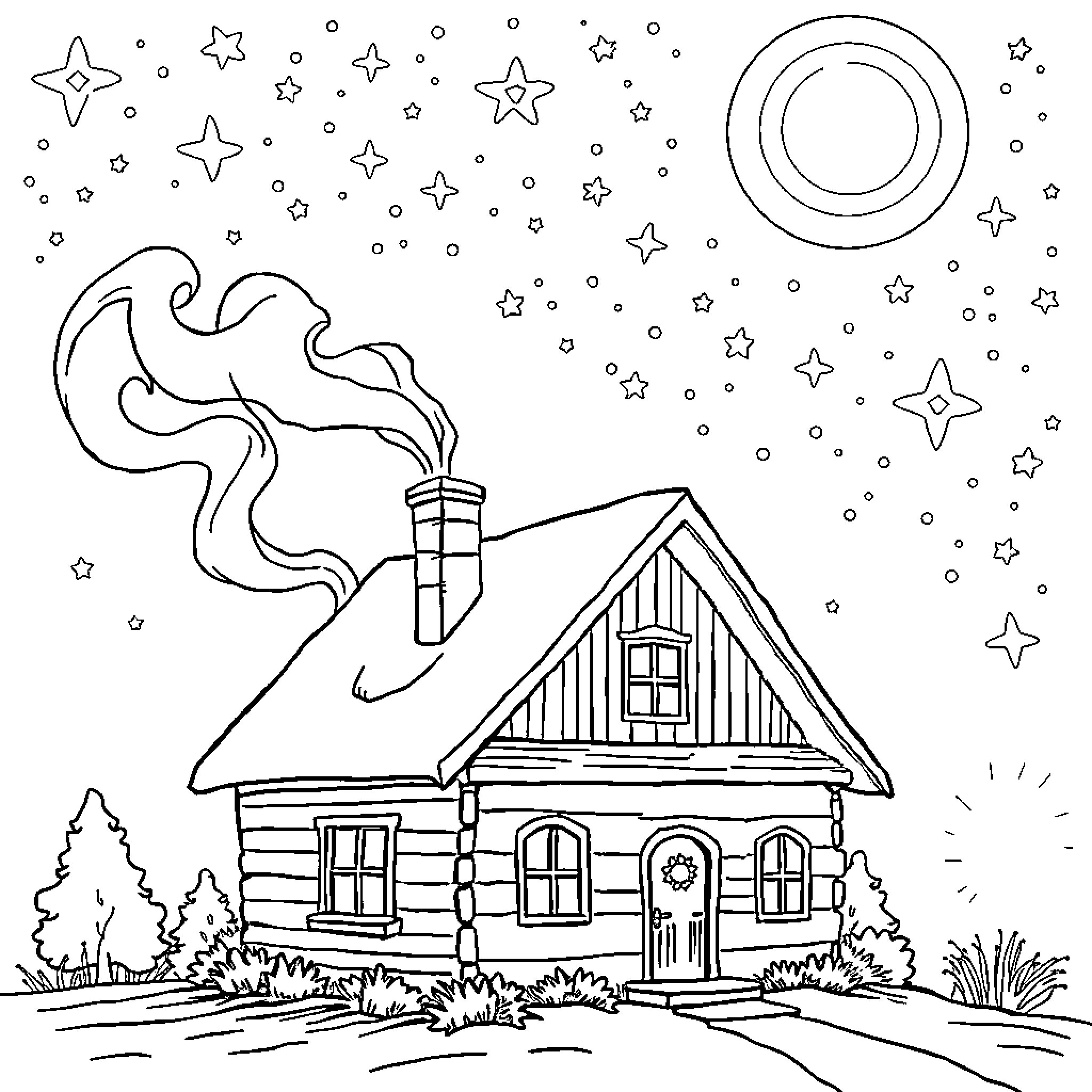 House with cozy night sky and stars Coloring Page (free black-and-white line drawing printable PDF for all, from beginners to advanced learners, including children, teens, adults, and seniors)