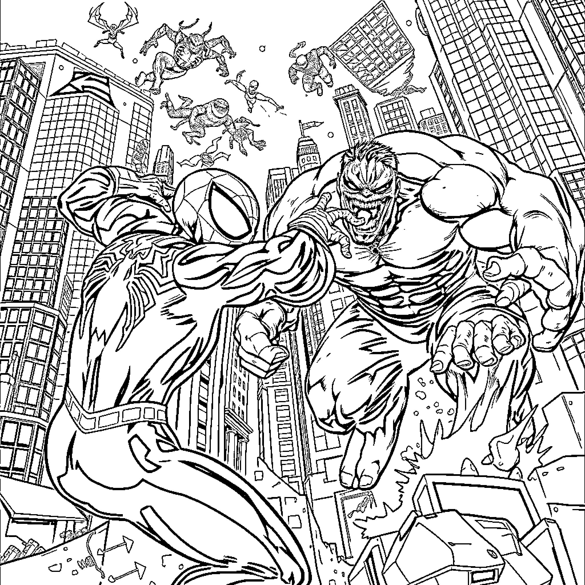Spiderman fighting alongside a powerful ally in the city Coloring Page (free black-and-white line drawing printable PDF for all, from beginners to advanced learners, including children, teens, adults, and seniors)