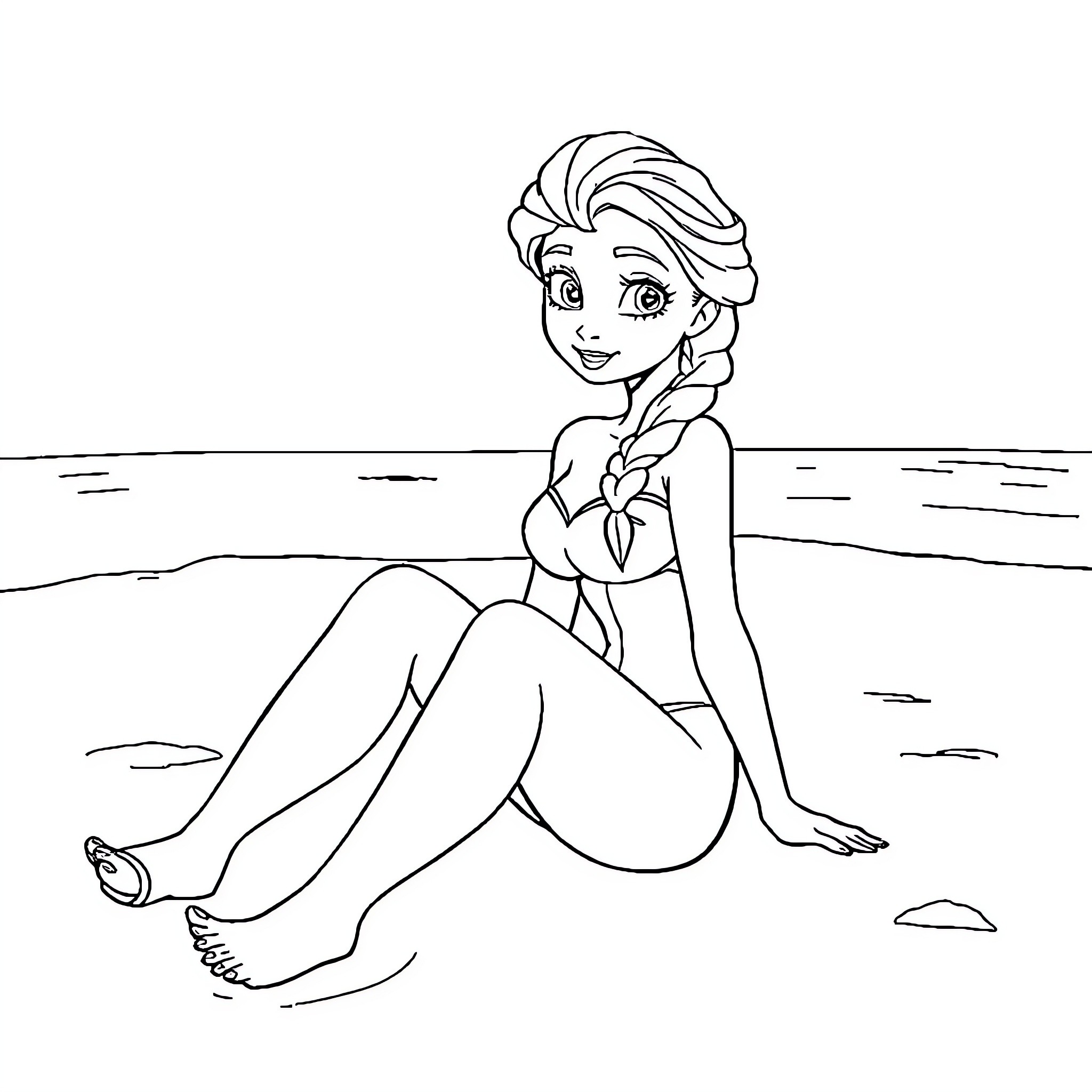 Elsa relaxing on the beach Coloring Page (free black-and-white line drawing printable PDF for all, from beginners to advanced learners, including children, teens, adults, and seniors)
