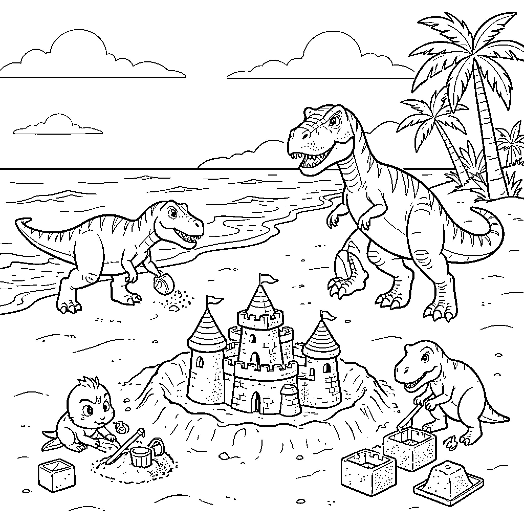 Dinosaurs building a sandcastle on a tropical beach Coloring Page (free black-and-white line drawing printable PDF for all, from beginners to advanced learners, including children, teens, adults, and seniors)