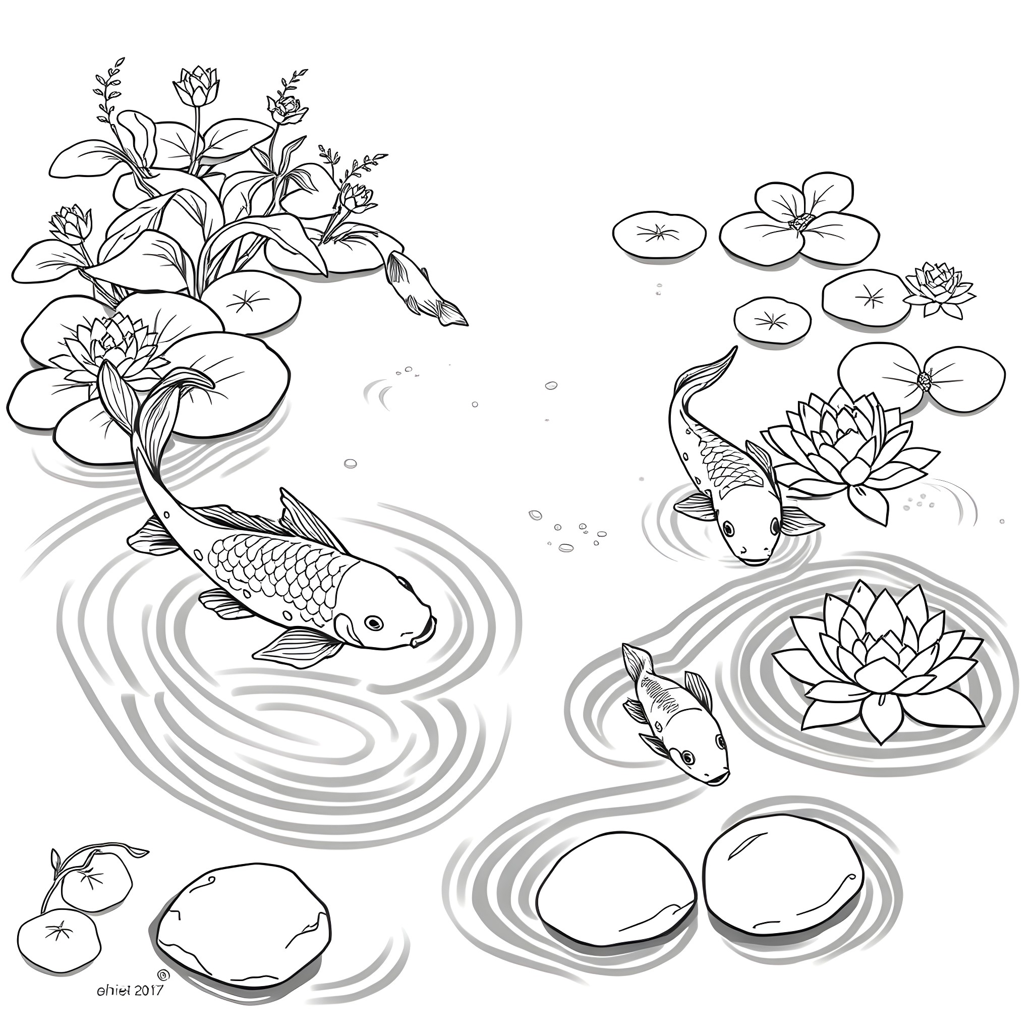 Koi Fish Pond with Lotus Flowers and Plants Coloring Page (free black-and-white line drawing printable PDF for all, from beginners to advanced learners, including children, teens, adults, and seniors)