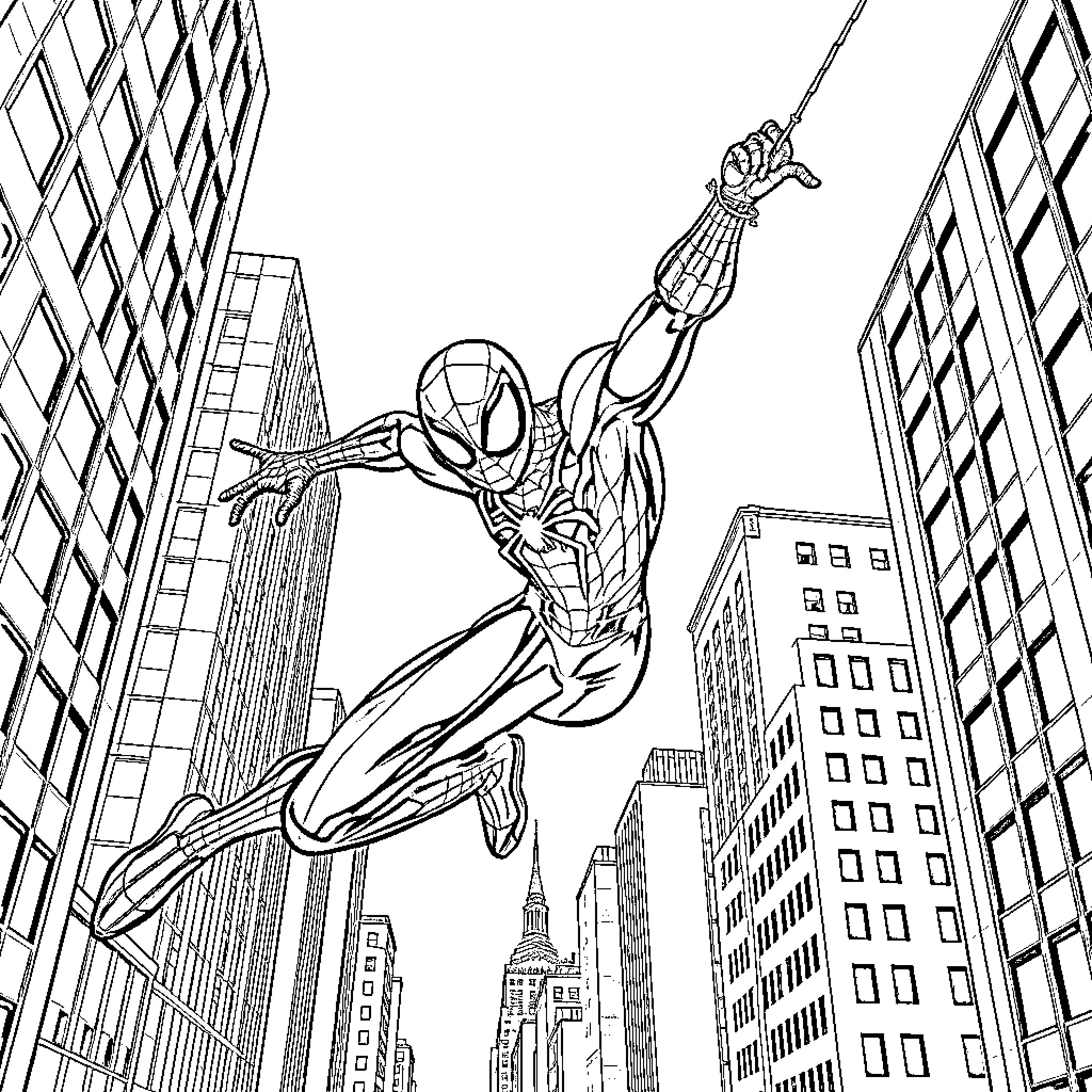 Spiderman swinging through the city skyline Coloring Page (free black-and-white line drawing printable PDF for all, from beginners to advanced learners, including children, teens, adults, and seniors)