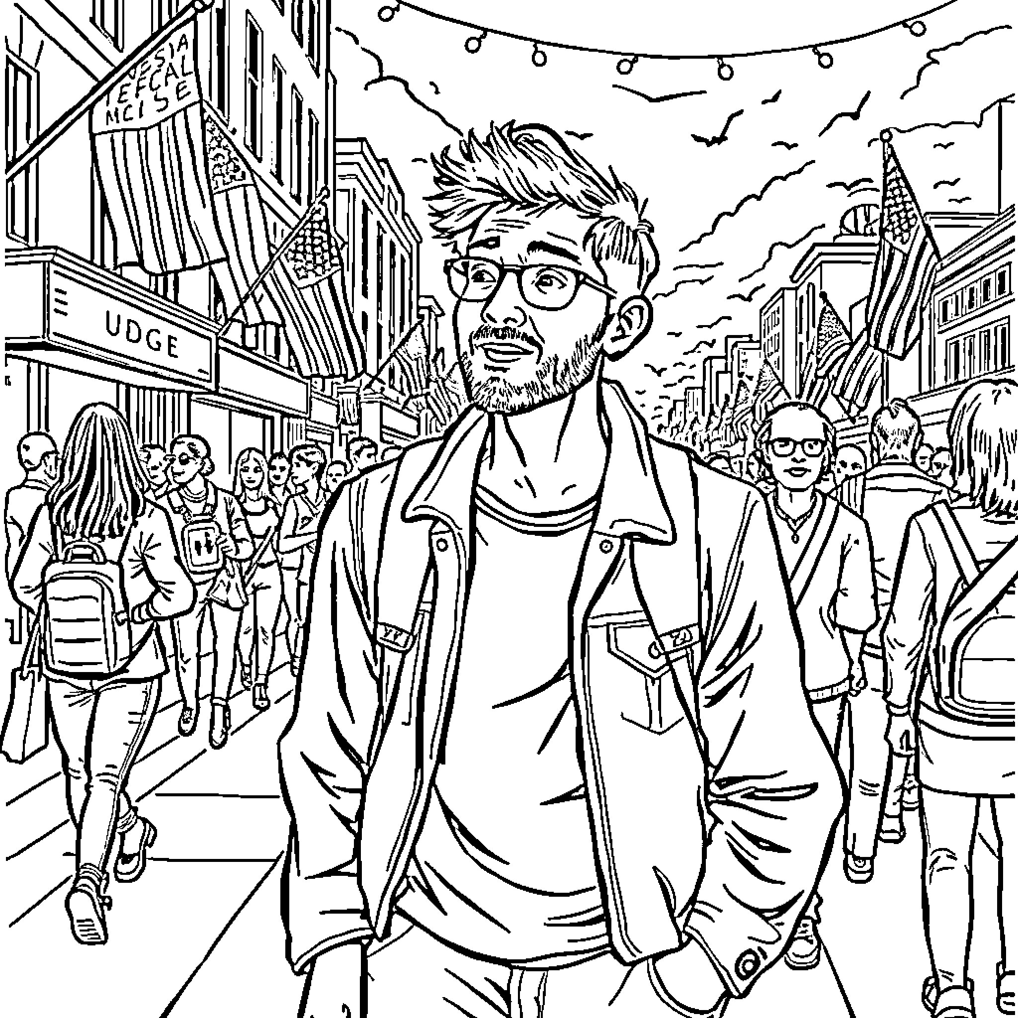 Peter's Journey in the Lively City Coloring Page (free black-and-white line drawing printable PDF for all, from beginners to advanced learners, including children, teens, adults, and seniors)