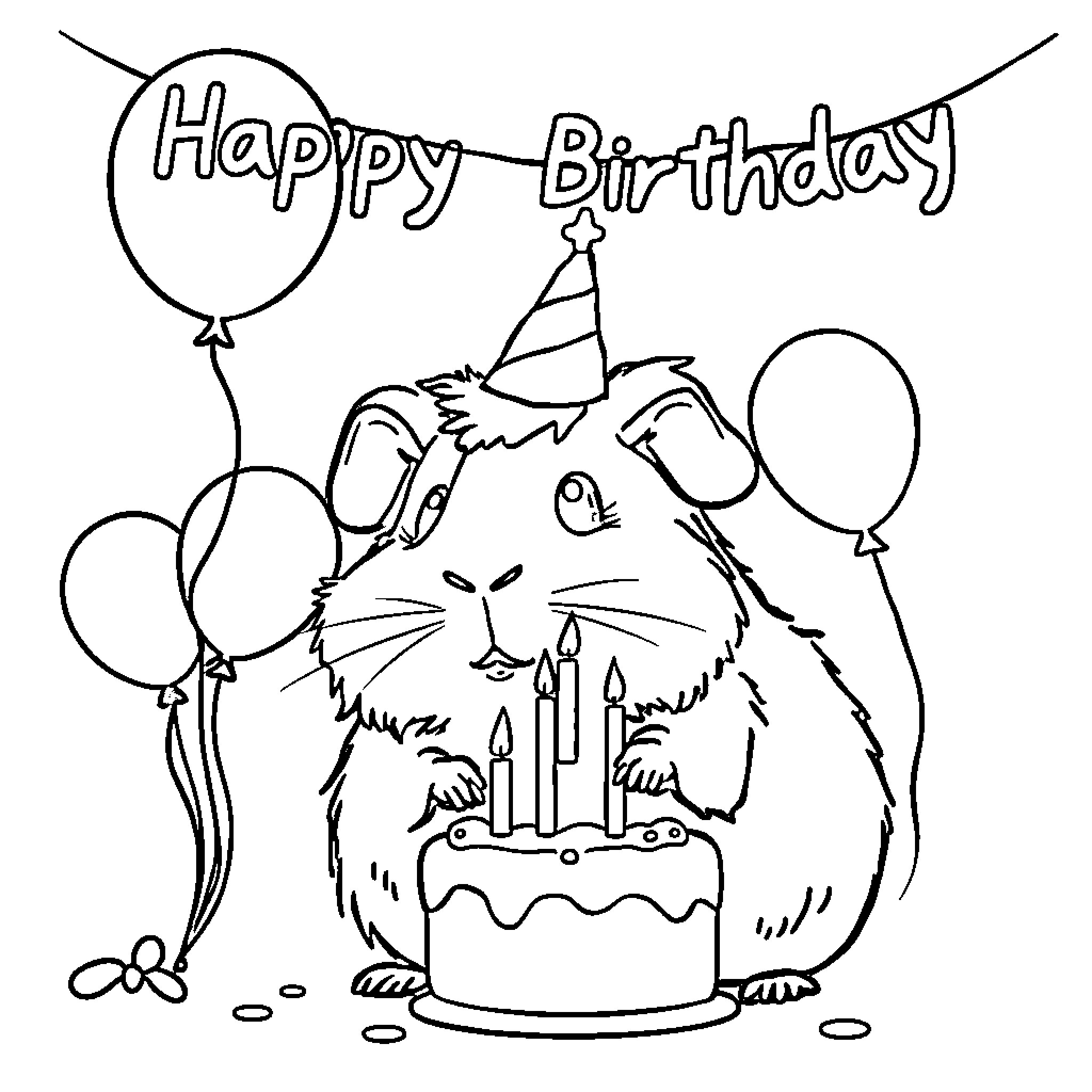 Guinea Pig celebrating a happy birthday with cake and balloons Coloring Page (free black-and-white line drawing printable PDF for all, from beginners to advanced learners, including children, teens, adults, and seniors)
