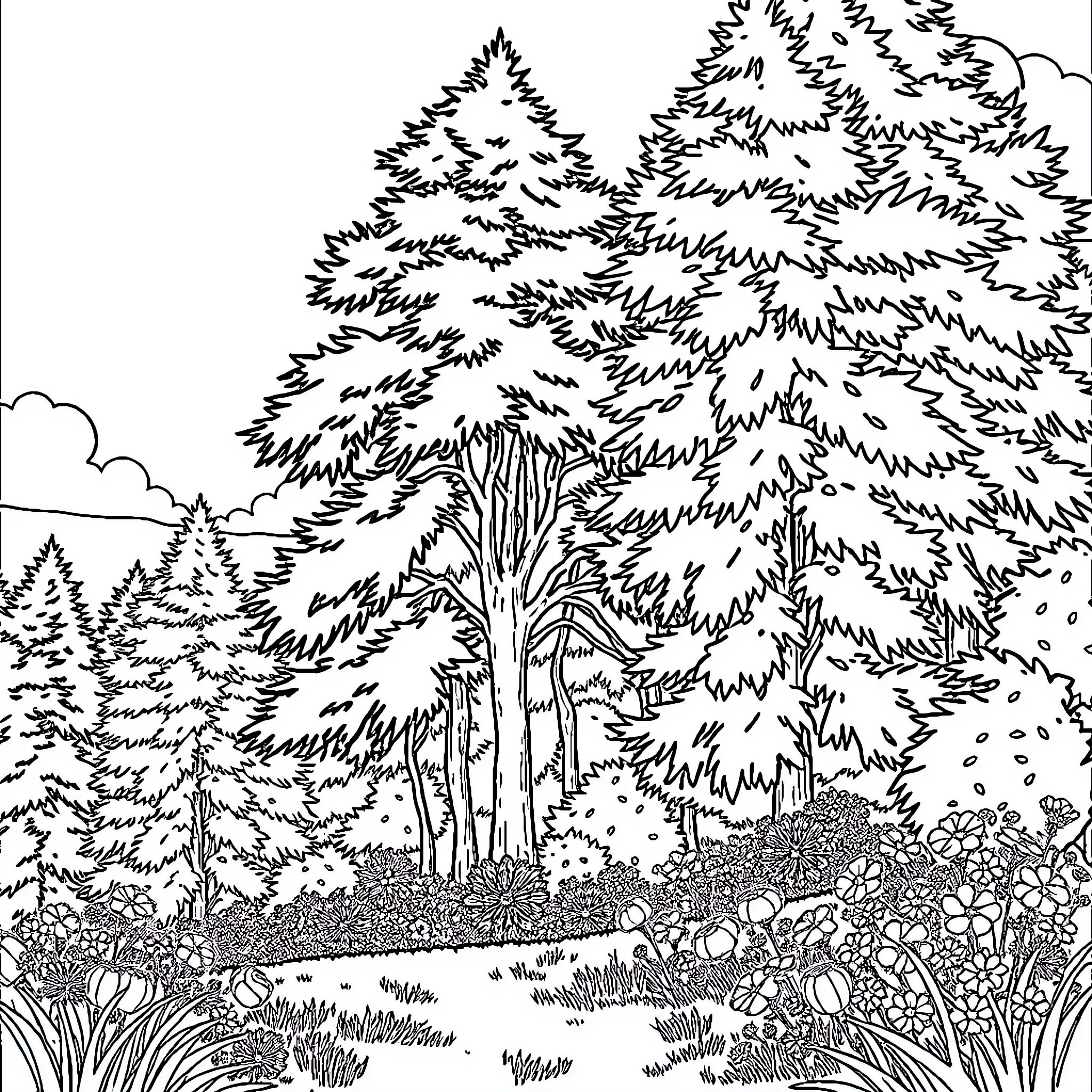 Nature's Enchanted Forest Coloring Page (free black-and-white line drawing printable PDF for all, from beginners to advanced learners, including children, teens, adults, and seniors)