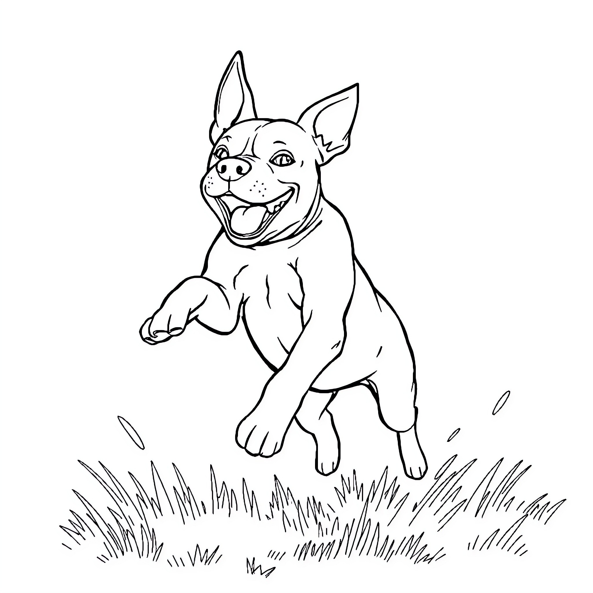 Pit Bull happily playing in the grass Coloring Page (free black-and-white line drawing printable PDF for all, from beginners to advanced learners, including children, teens, adults, and seniors)