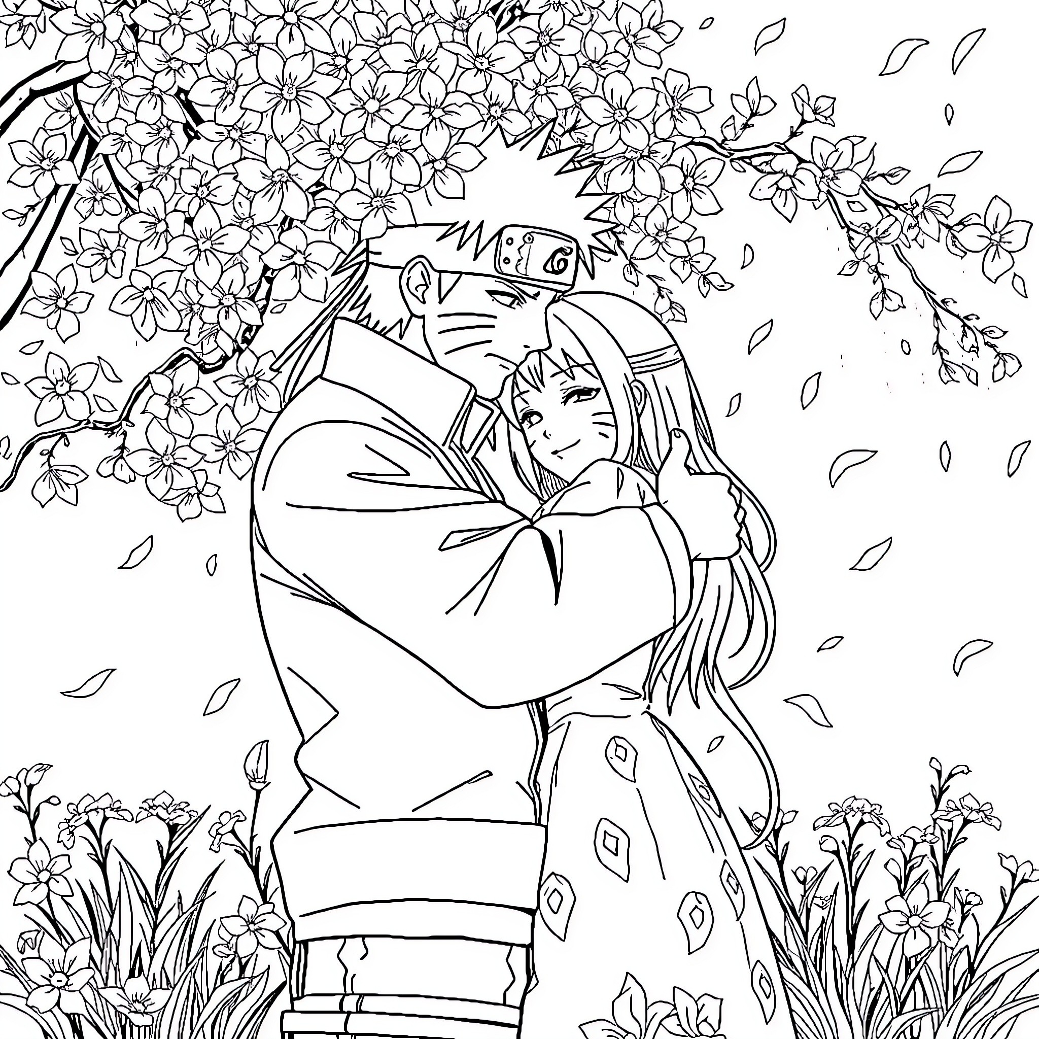 Naruto embracing Sakura under blooming cherry blossoms Coloring Page (free black-and-white line drawing printable PDF for all, from beginners to advanced learners, including children, teens, adults, and seniors)