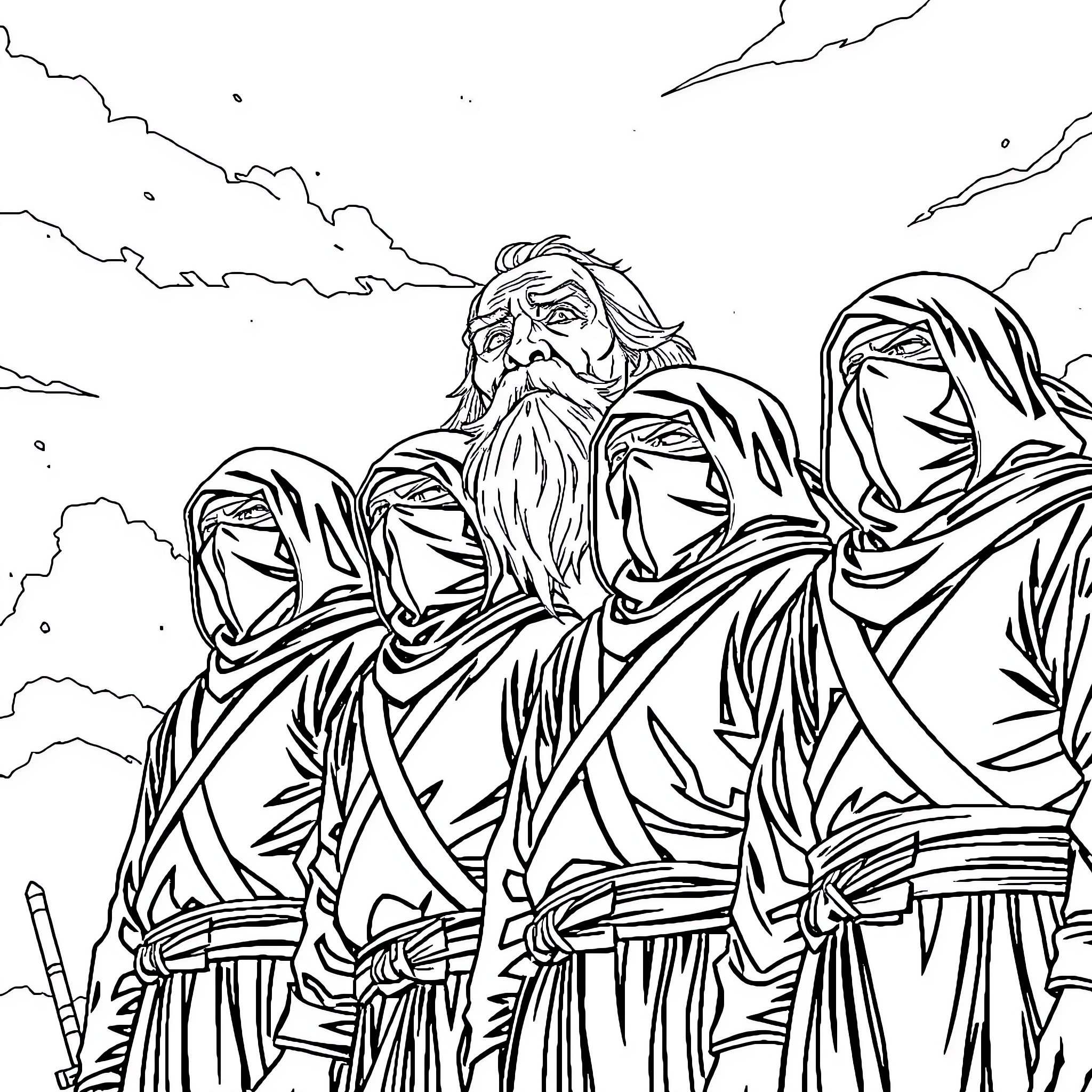 Ninja warriors in fierce battle against the elements Coloring Page (free black-and-white line drawing printable PDF for all, from beginners to advanced learners, including children, teens, adults, and seniors)