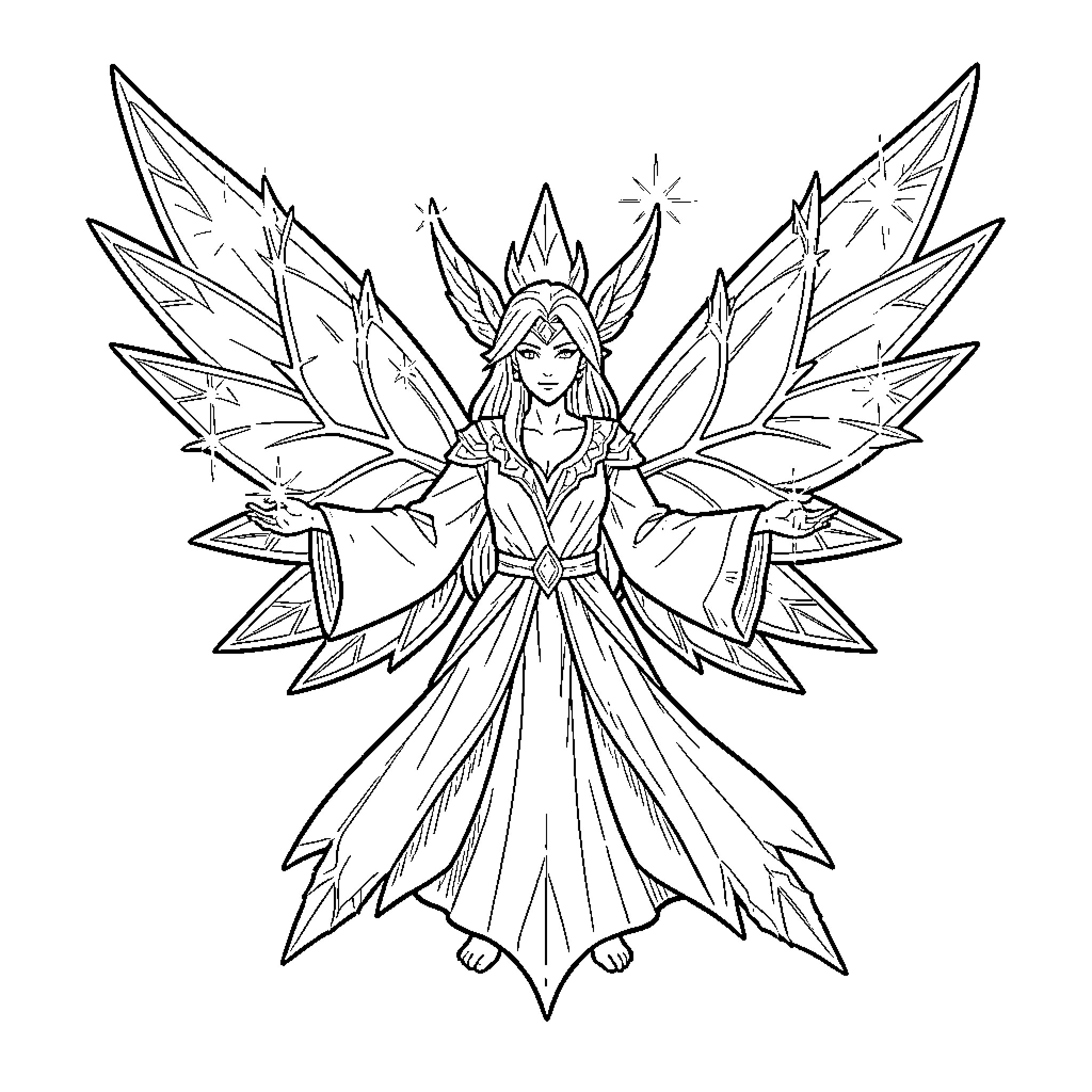 Fairy spreading magic with large crystalline wings Coloring Page (free black-and-white line drawing printable PDF for all, from beginners to advanced learners, including children, teens, adults, and seniors)