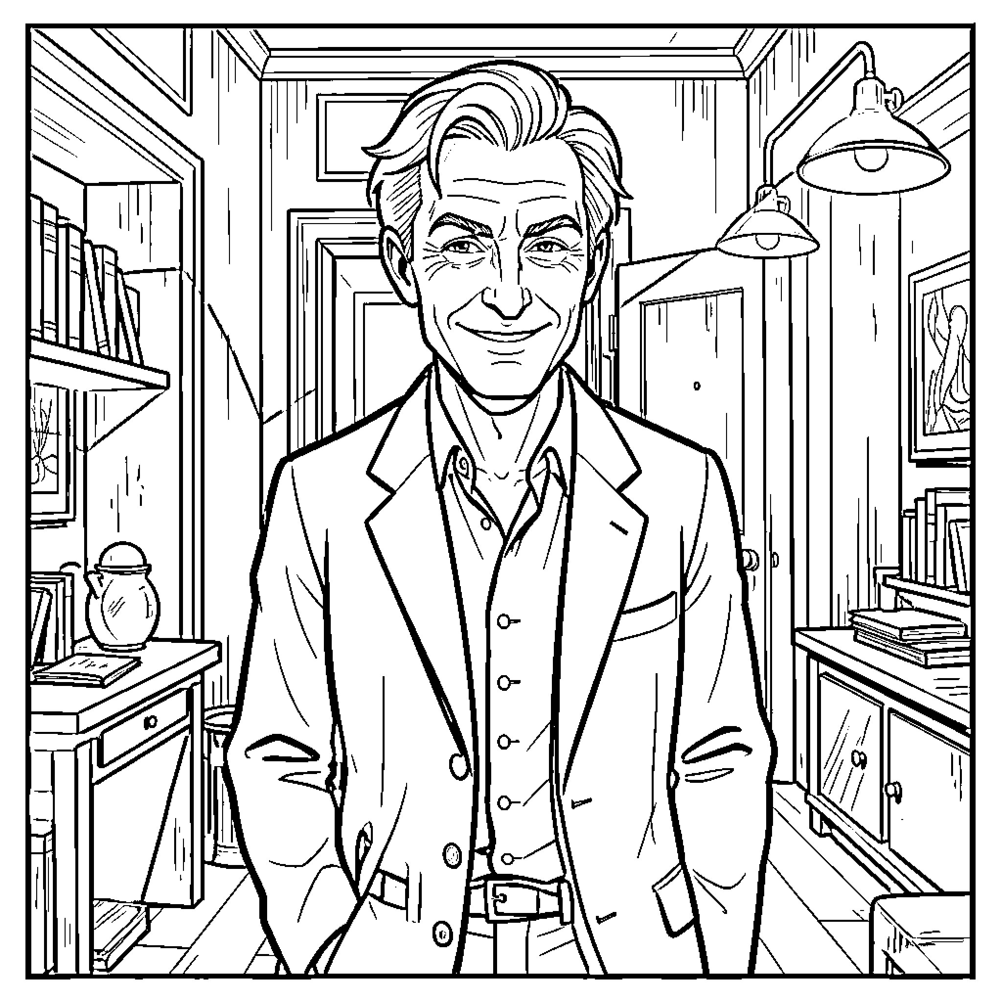 Peter Bailish smiling in a formal suit indoors Coloring Page (free black-and-white line drawing printable PDF for all, from beginners to advanced learners, including children, teens, adults, and seniors)