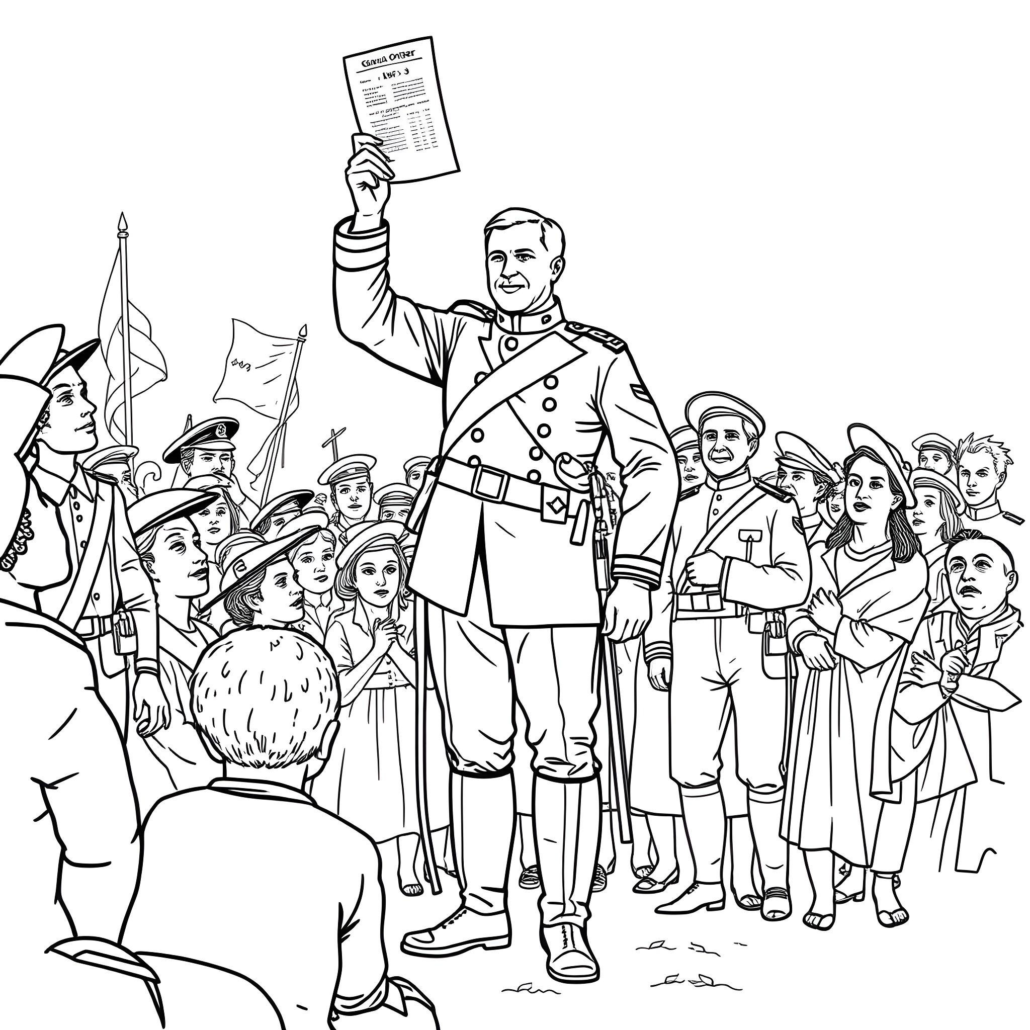 General Gordon Granger Announcing the End of Slavery to Jubilant Crowd Coloring Page (free black-and-white line drawing printable PDF for all, from beginners to advanced learners, including children, teens, adults, and seniors)