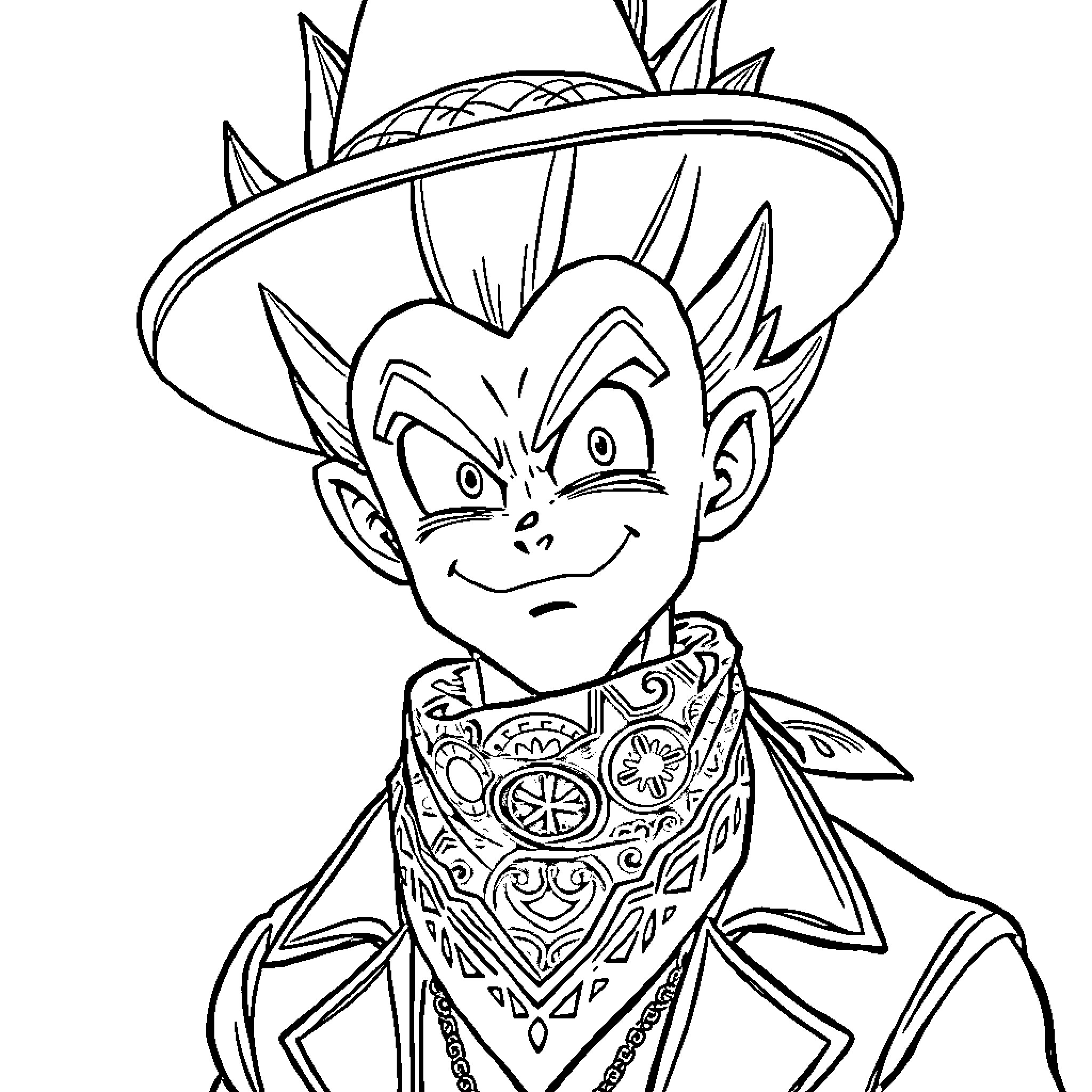Vegeta in cowboy-inspired outfit with detailed pattern Coloring Page (free black-and-white line drawing printable PDF for all, from beginners to advanced learners, including children, teens, adults, and seniors)
