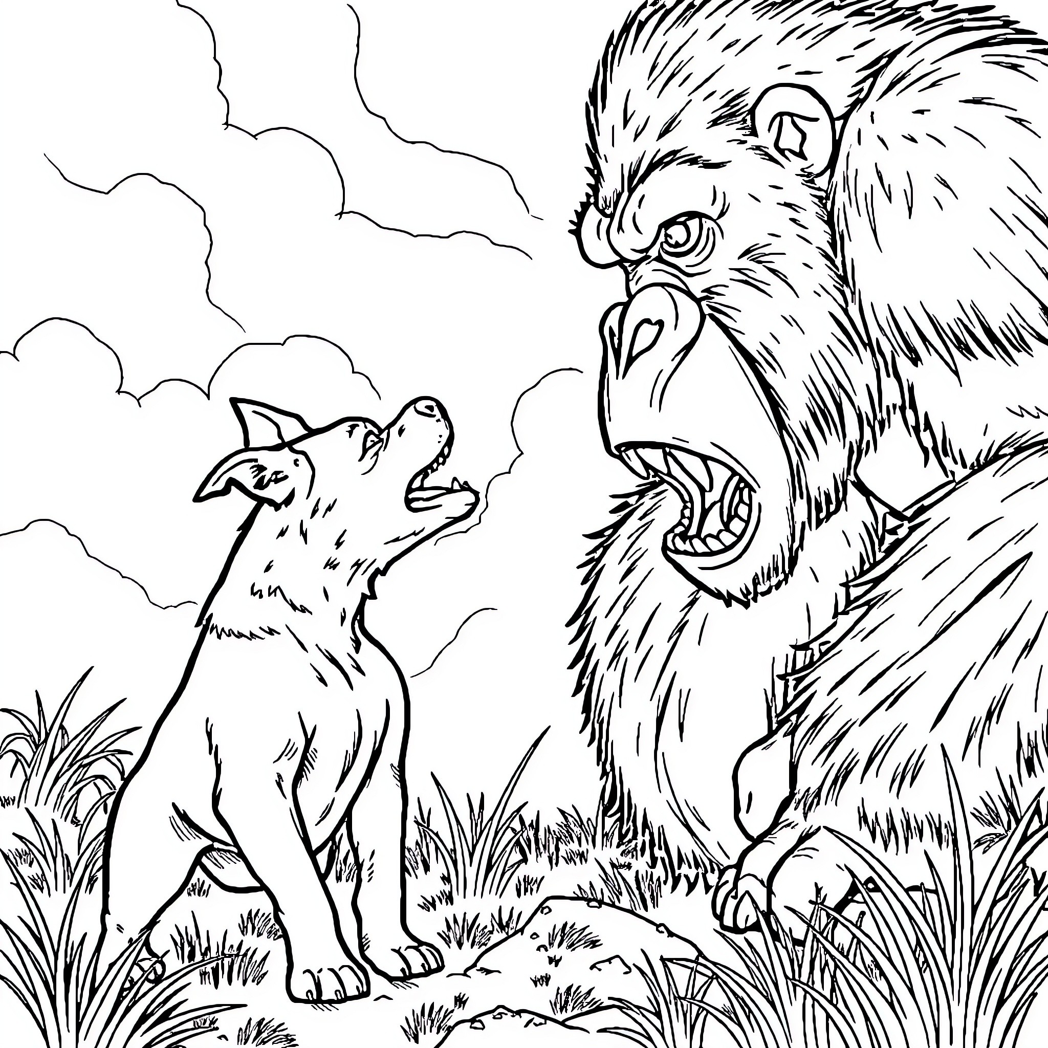 Dog Confronting Fierce Primate in Nature Coloring Page (free black-and-white line drawing printable PDF for all, from beginners to advanced learners, including children, teens, adults, and seniors)