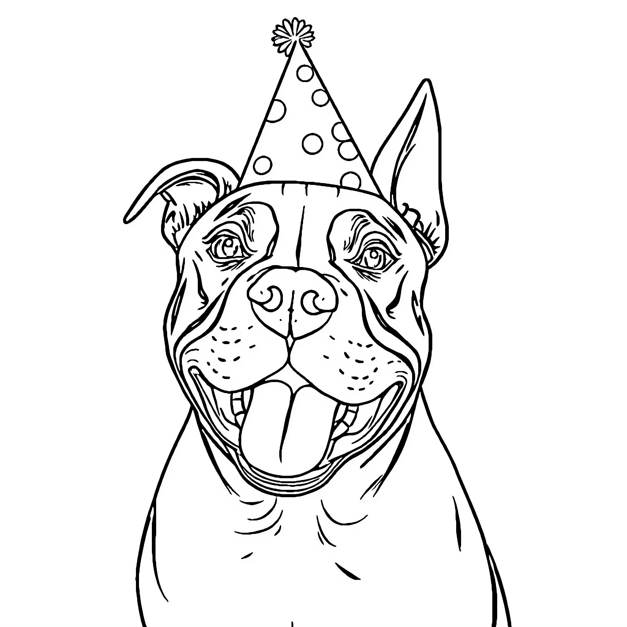 Staffordshire Terrier wearing a party hat and smiling Coloring Page (free black-and-white line drawing printable PDF for all, from beginners to advanced learners, including children, teens, adults, and seniors)