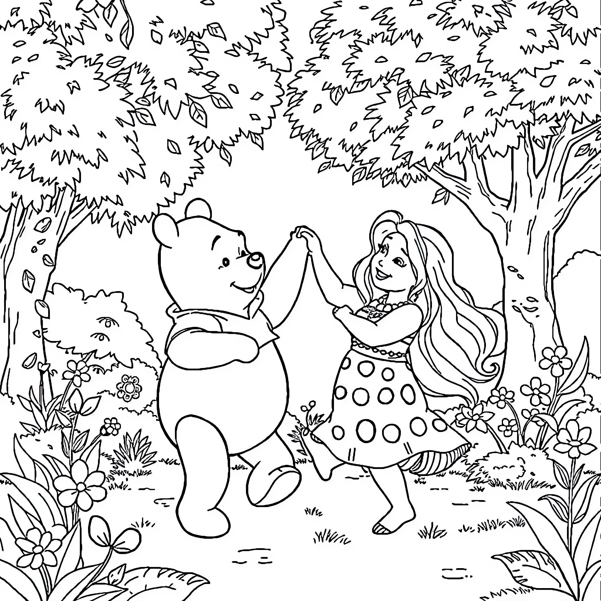 Winnie The Pooh and Friend Exploring the Enchanted Forest Coloring Page (free black-and-white line drawing printable PDF for all, from beginners to advanced learners, including children, teens, adults, and seniors)