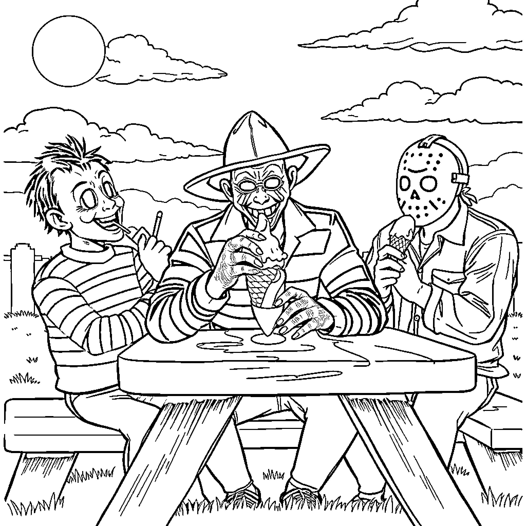 Freddy Krueger and his friends enjoying a spooky night out Coloring Page (free black-and-white line drawing printable PDF for all, from beginners to advanced learners, including children, teens, adults, and seniors)