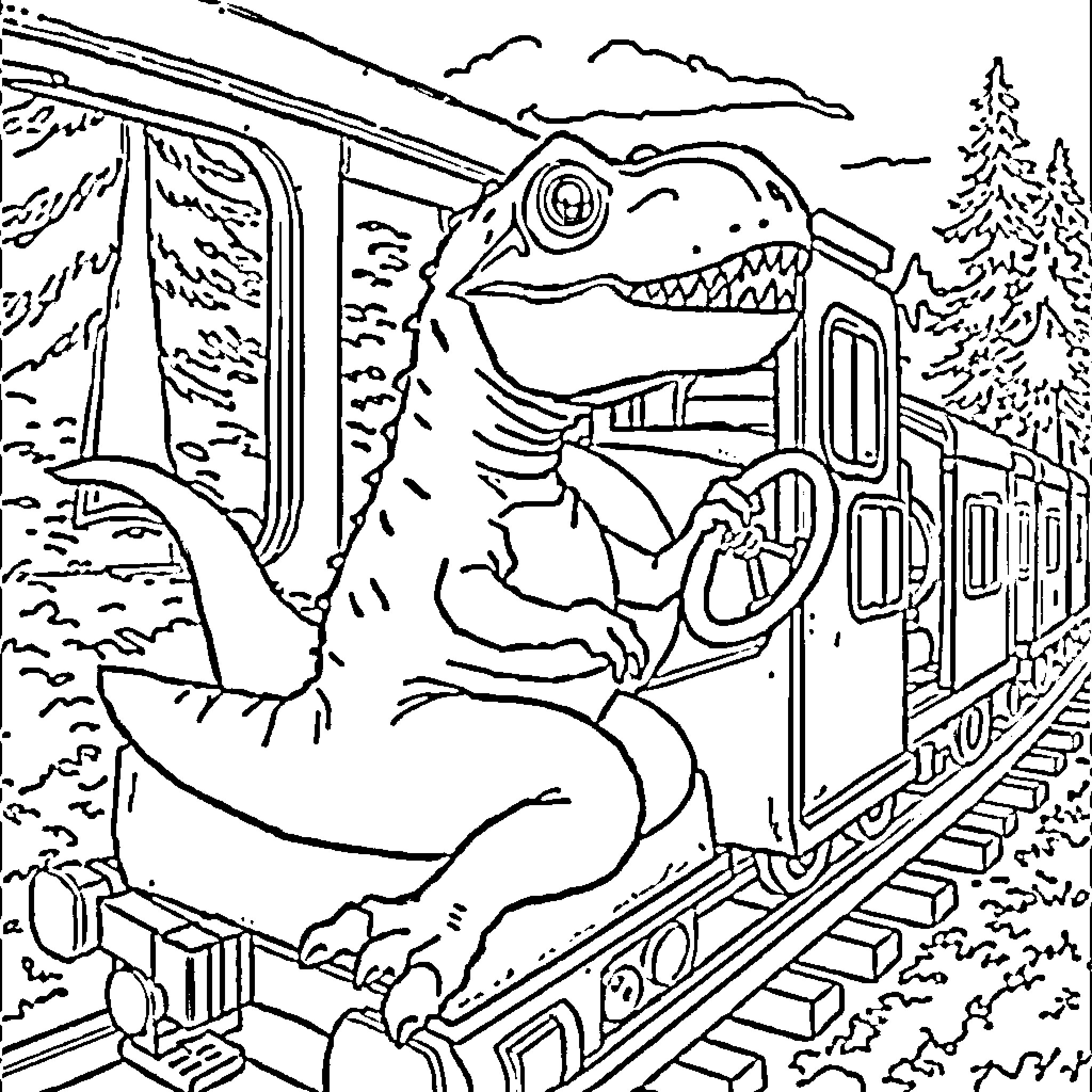 T-Rex riding a steam locomotive through the forest Coloring Page (free black-and-white line drawing printable PDF for all, from beginners to advanced learners, including children, teens, adults, and seniors)