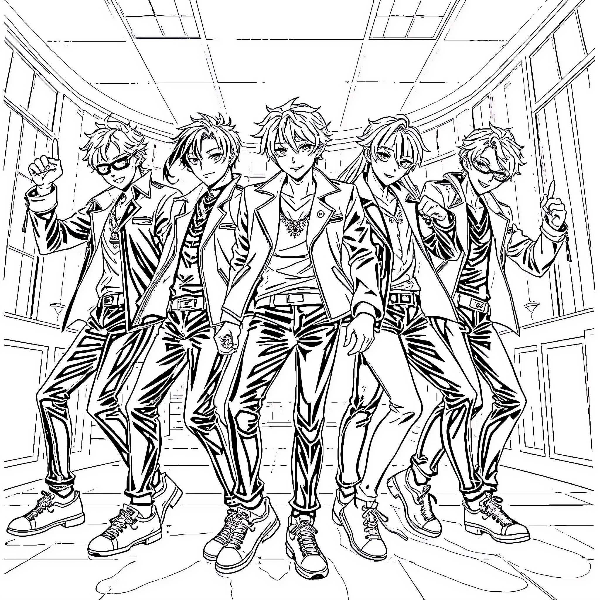 Saja Boys' Stylish Ensemble Coloring Page (free black-and-white line drawing printable PDF for all, from beginners to advanced learners, including children, teens, adults, and seniors)