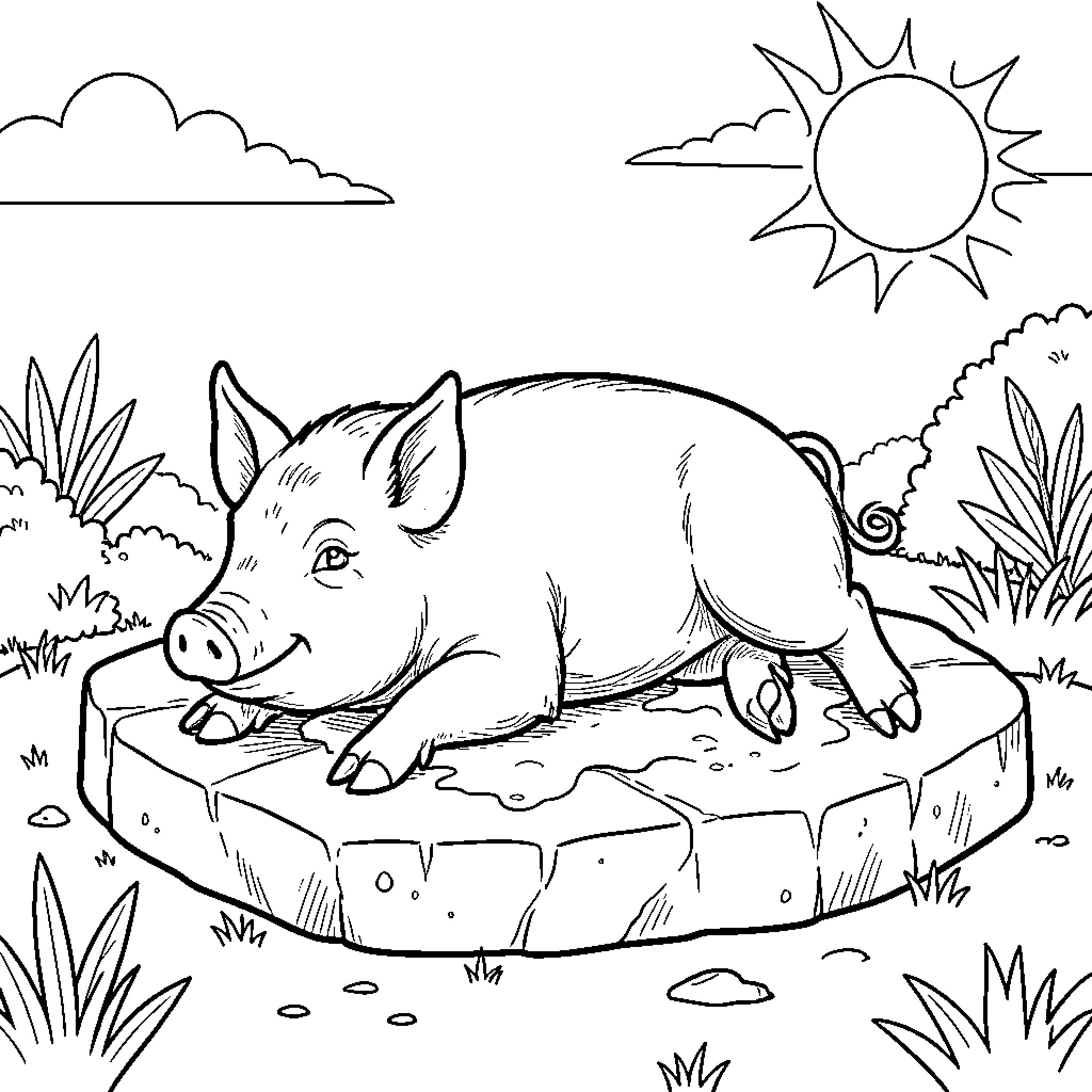 Cochon d'Inde resting on a stone in nature Coloring Page (free black-and-white line drawing printable PDF for all, from beginners to advanced learners, including children, teens, adults, and seniors)