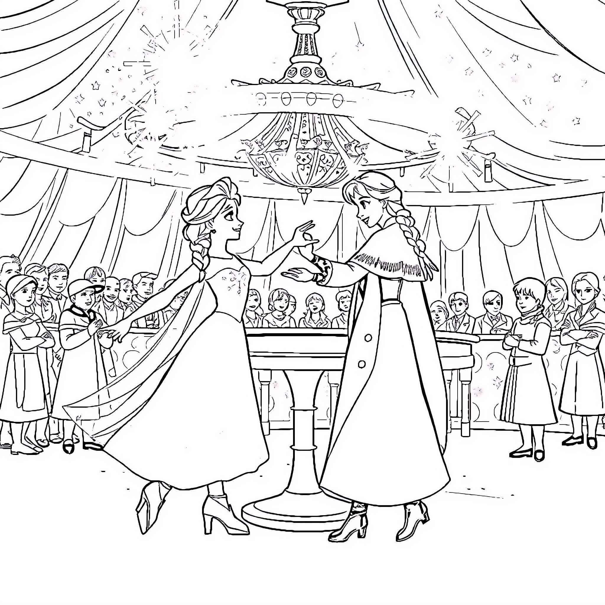 Elsa and Anna in a Formal Dance at a Ballroom Coloring Page (free black-and-white line drawing printable PDF for all, from beginners to advanced learners, including children, teens, adults, and seniors)