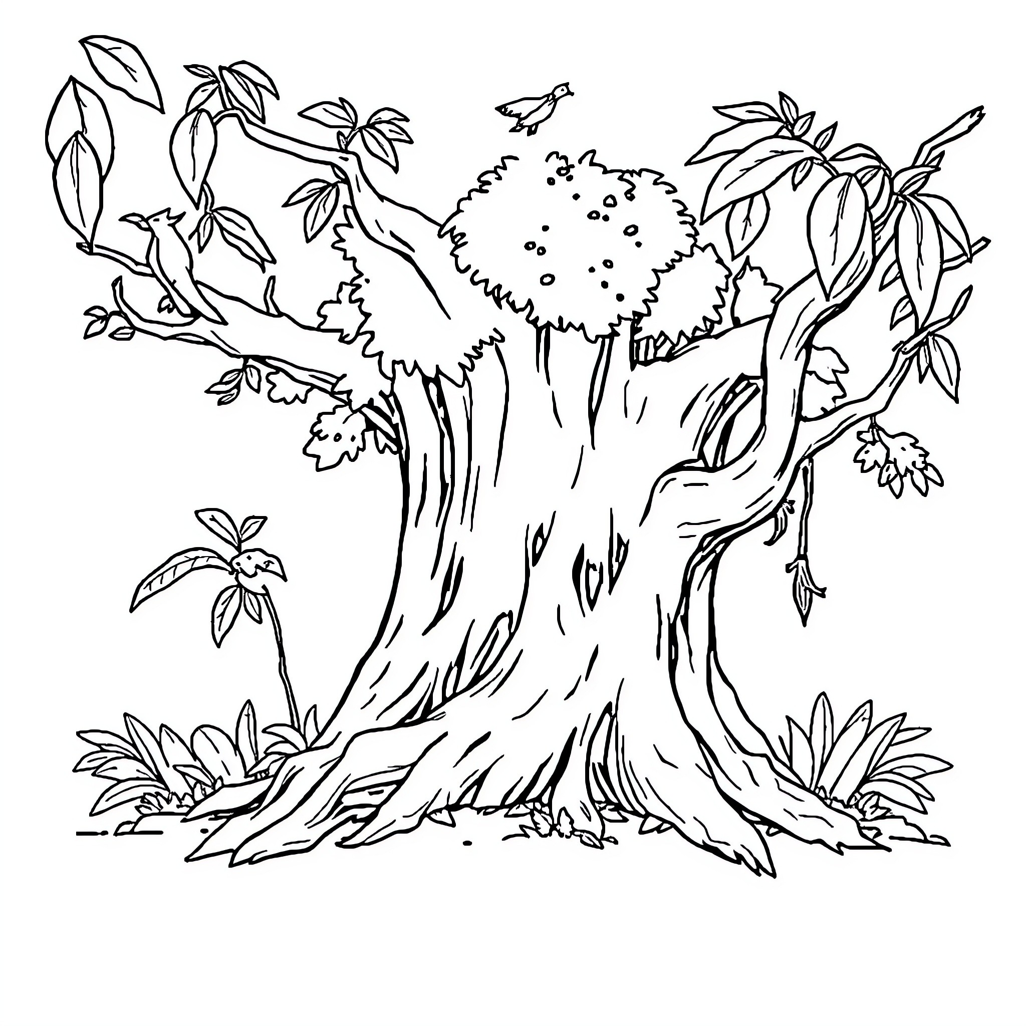 Forest scene with tree and foliage Coloring Page (free black-and-white line drawing printable PDF for all, from beginners to advanced learners, including children, teens, adults, and seniors)