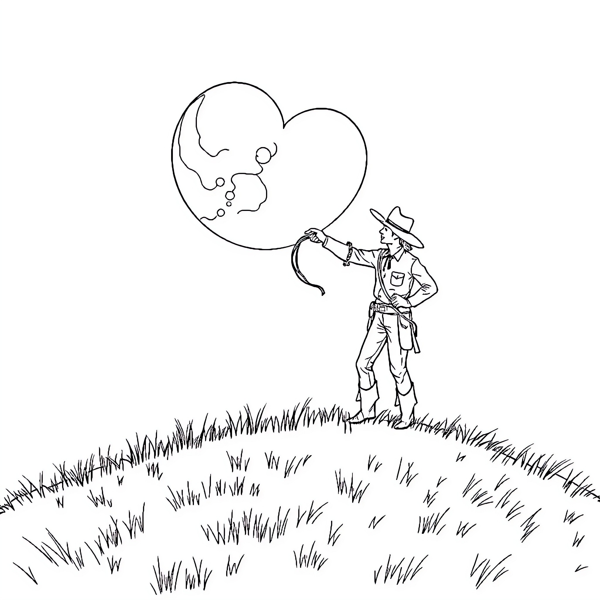 Cowboy explores the vast prairie under the night sky Coloring Page (free black-and-white line drawing printable PDF for all, from beginners to advanced learners, including children, teens, adults, and seniors)