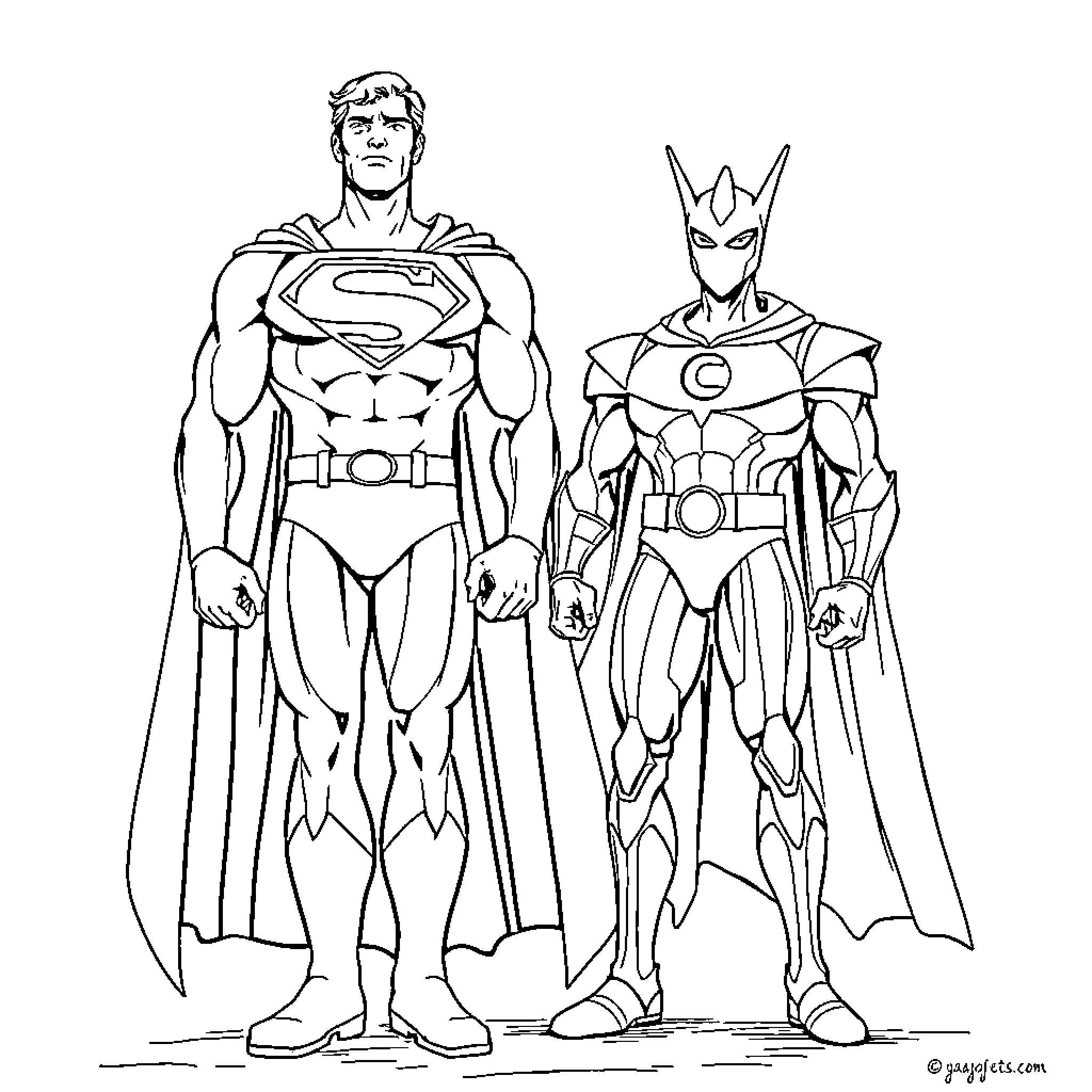 Superman and superhero companion in action poses Coloring Page (free black-and-white line drawing printable PDF for all, from beginners to advanced learners, including children, teens, adults, and seniors)