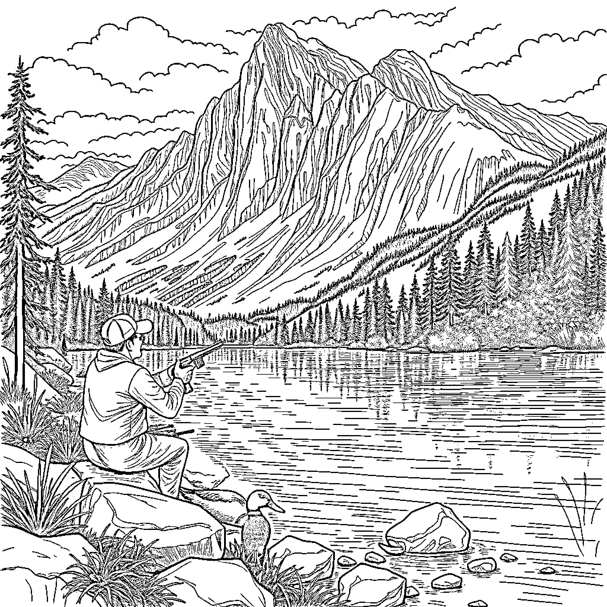 Duck angler enjoying nature's beauty by the lakeside Coloring Page (free black-and-white line drawing printable PDF for all, from beginners to advanced learners, including children, teens, adults, and seniors)