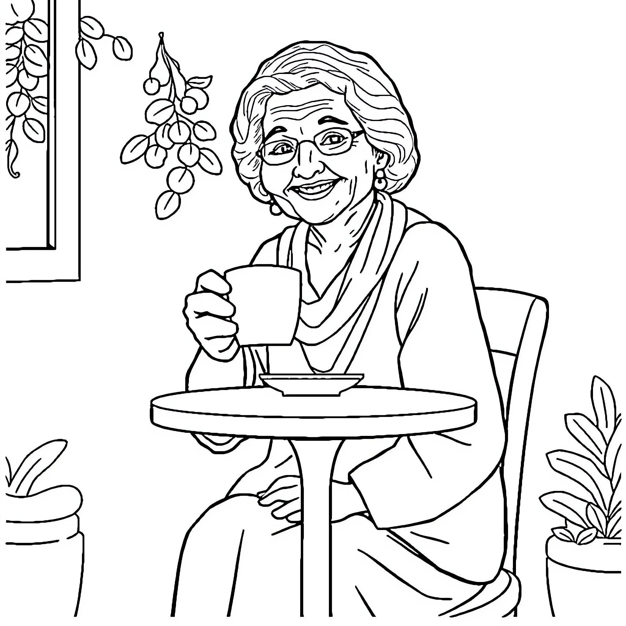 Grandma enjoying a warm drink and smiling Coloring Page (free black-and-white line drawing printable PDF for all, from beginners to advanced learners, including children, teens, adults, and seniors)
