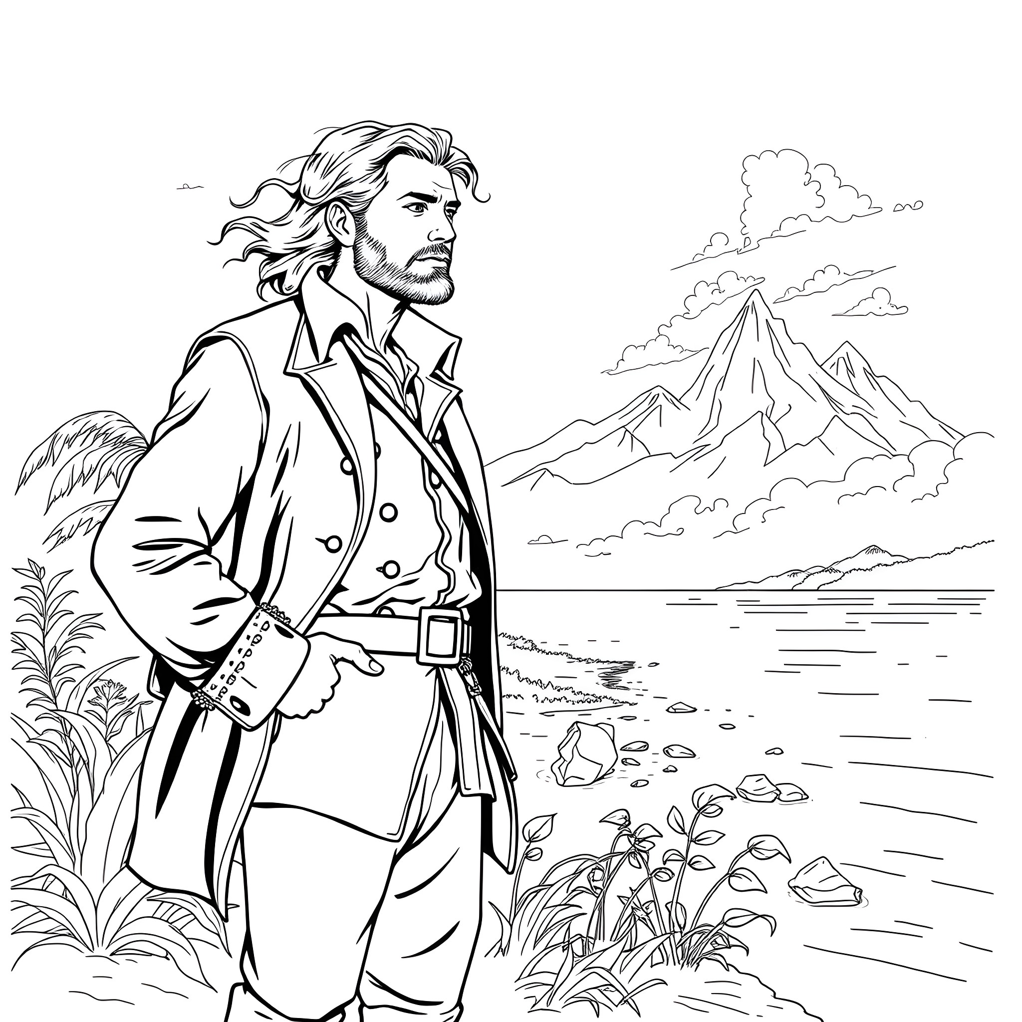 John Smith standing by the shore with mountains in the background Coloring Page (free black-and-white line drawing printable PDF for all, from beginners to advanced learners, including children, teens, adults, and seniors)