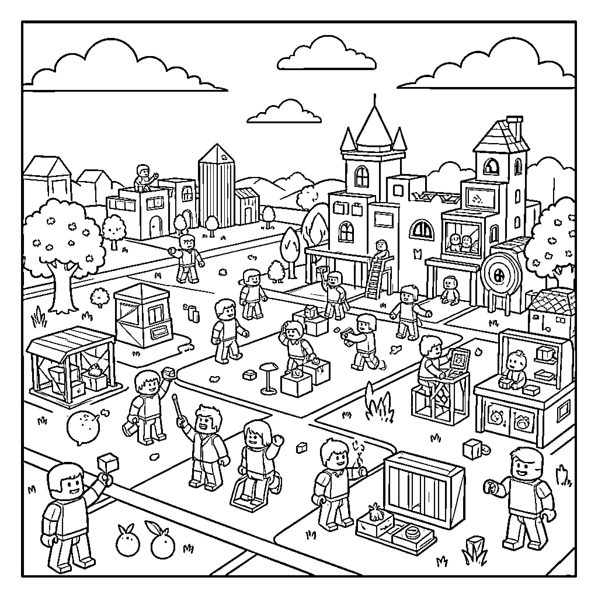 Roblox Characters Enjoying Vibrant Cityscape Coloring Page (free black-and-white line drawing printable PDF for all, from beginners to advanced learners, including children, teens, adults, and seniors)
