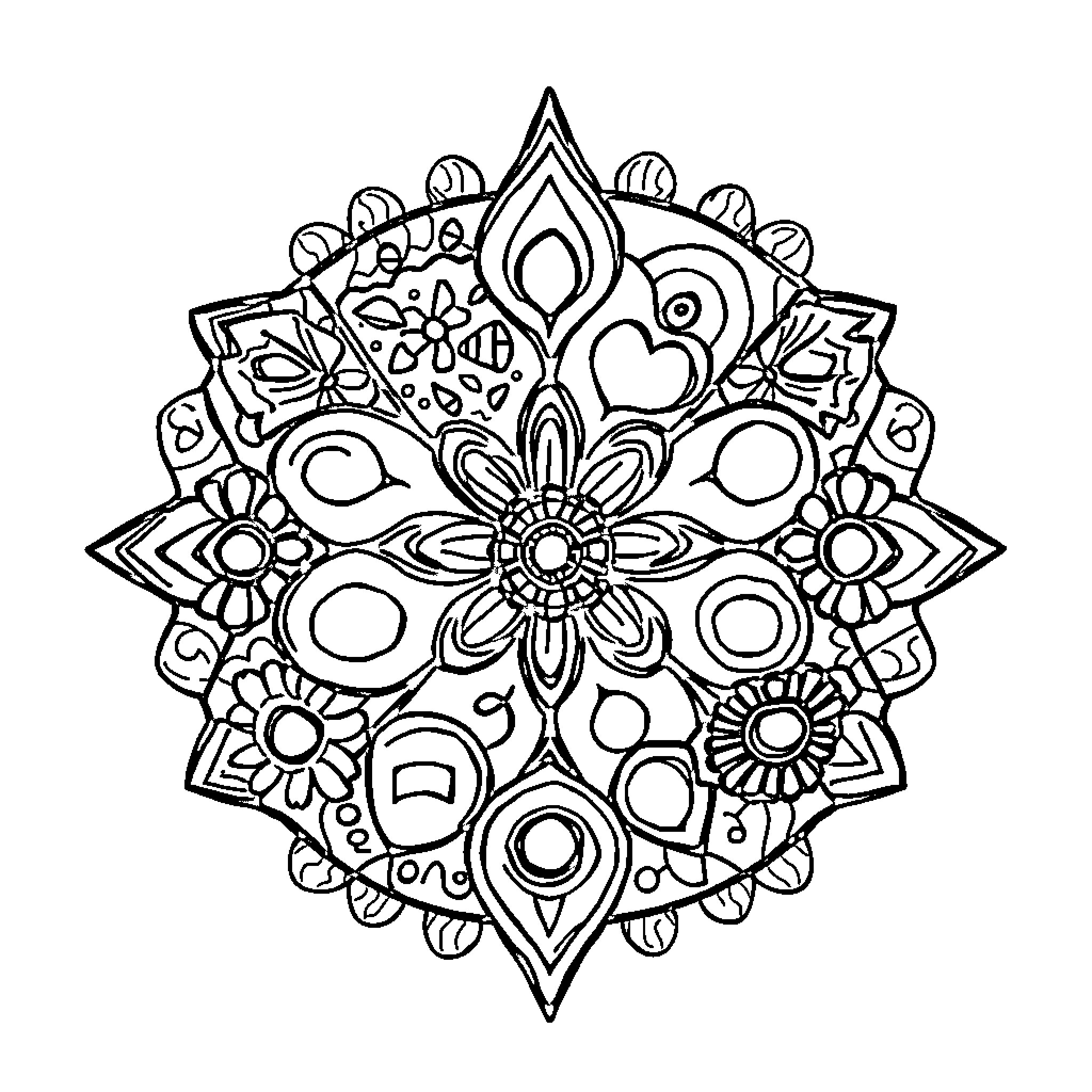 Zendoodle mandala with floral and geometric patterns Coloring Page (free black-and-white line drawing printable PDF for all, from beginners to advanced learners, including children, teens, adults, and seniors)