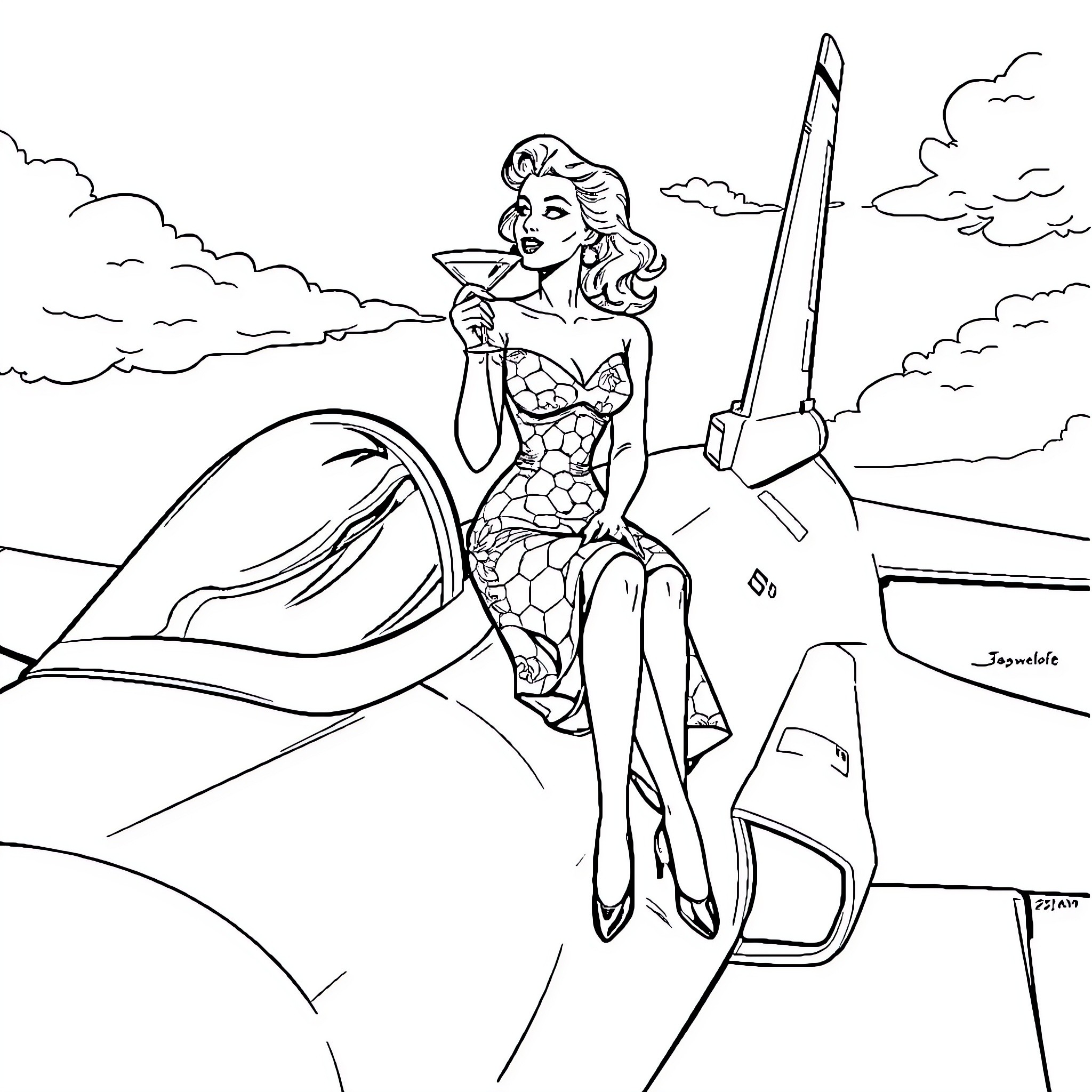 Woman posing confidently in front of an aircraft Coloring Page (free black-and-white line drawing printable PDF for all, from beginners to advanced learners, including children, teens, adults, and seniors)