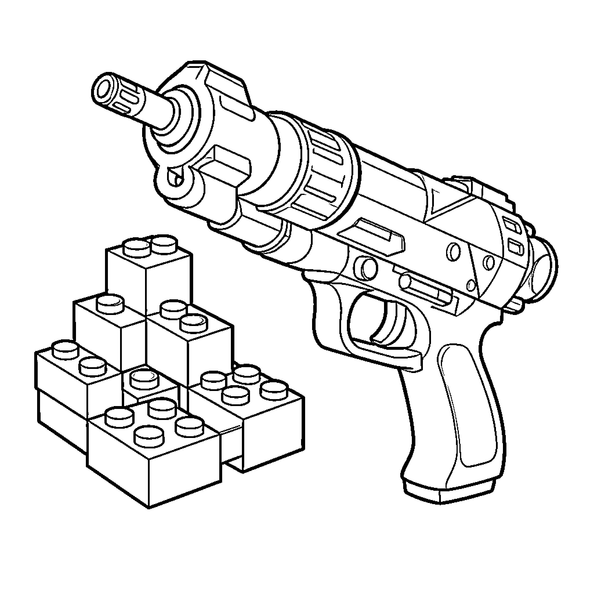 Lego toy blaster next to building blocks Coloring Page (free black-and-white line drawing printable PDF for all, from beginners to advanced learners, including children, teens, adults, and seniors)