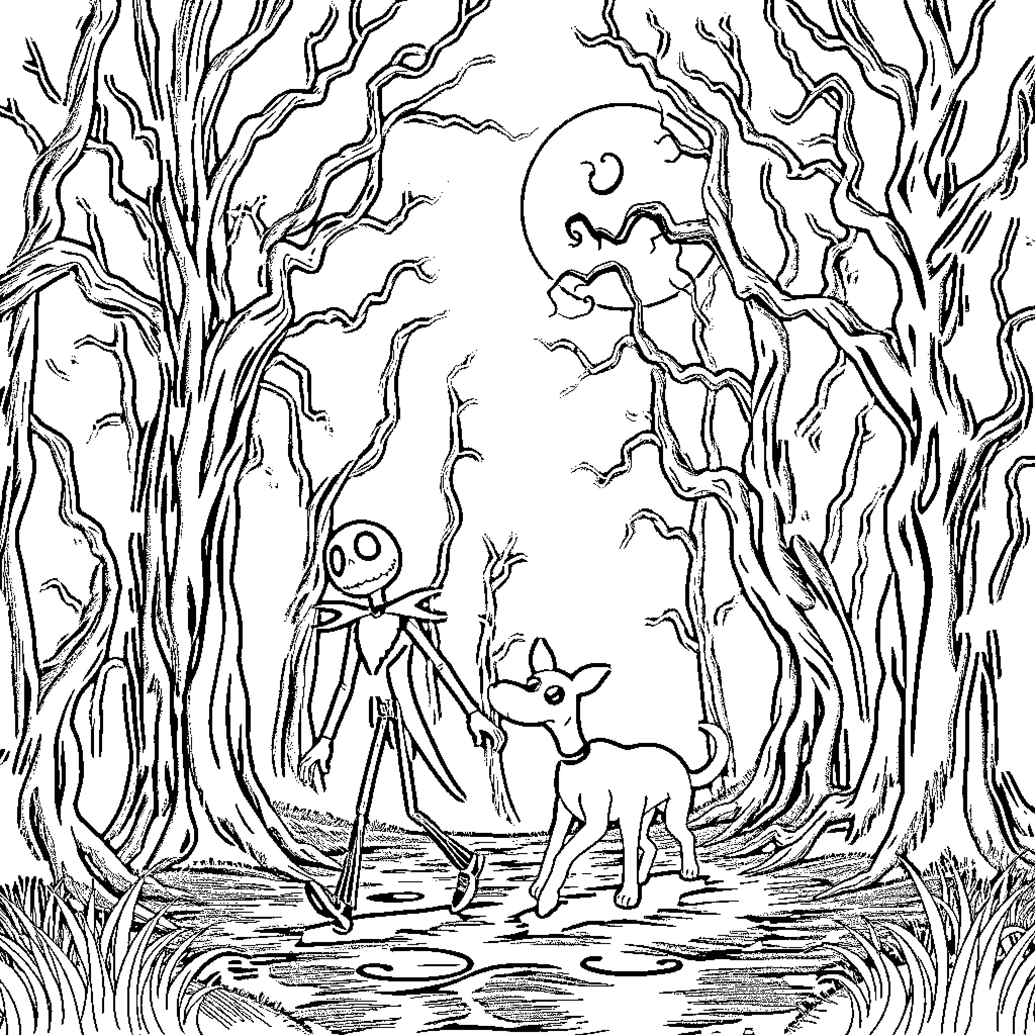 Jack's Haunting Encounter in the Enchanted Forest Coloring Page (free black-and-white line drawing printable PDF for all, from beginners to advanced learners, including children, teens, adults, and seniors)