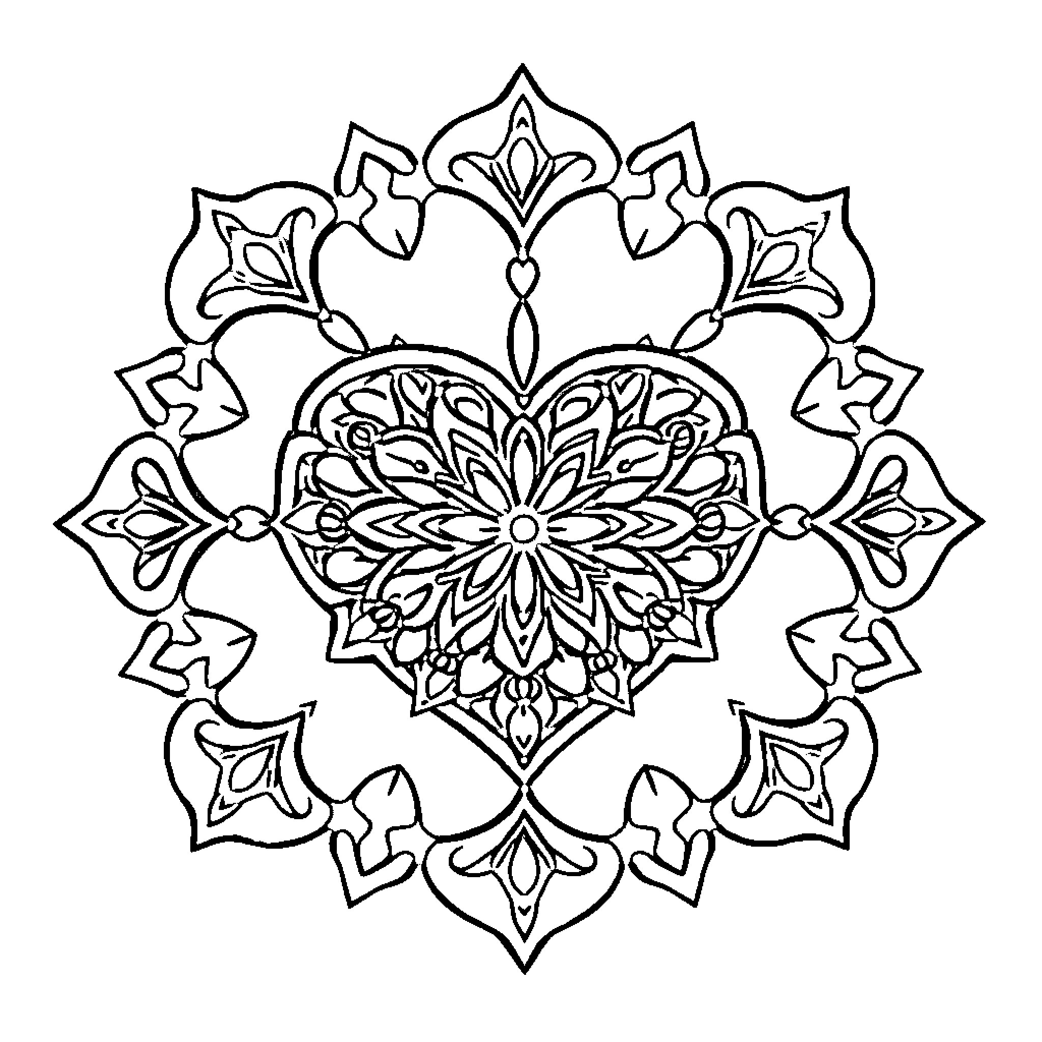 Heart-shaped Floral Mandala Design Coloring Page (free black-and-white line drawing printable PDF for all, from beginners to advanced learners, including children, teens, adults, and seniors)