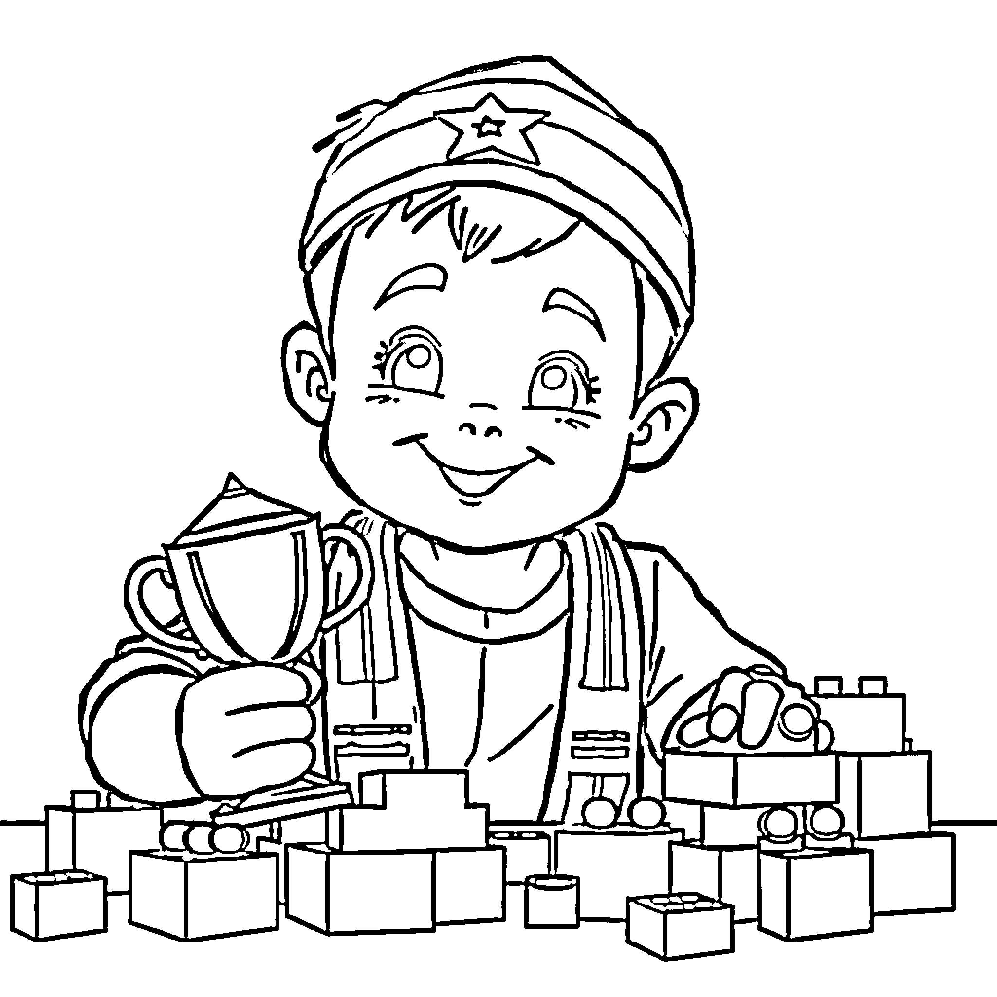Boy proudly holding trophy with toy blocks Coloring Page (free black-and-white line drawing printable PDF for all, from beginners to advanced learners, including children, teens, adults, and seniors)