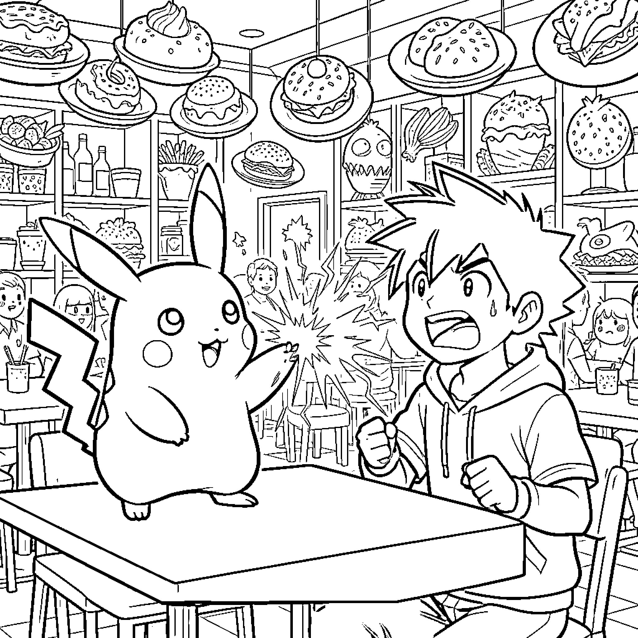 Pikachu and Trainer Excitedly Explore Bakery Coloring Page (free black-and-white line drawing printable PDF for all, from beginners to advanced learners, including children, teens, adults, and seniors)