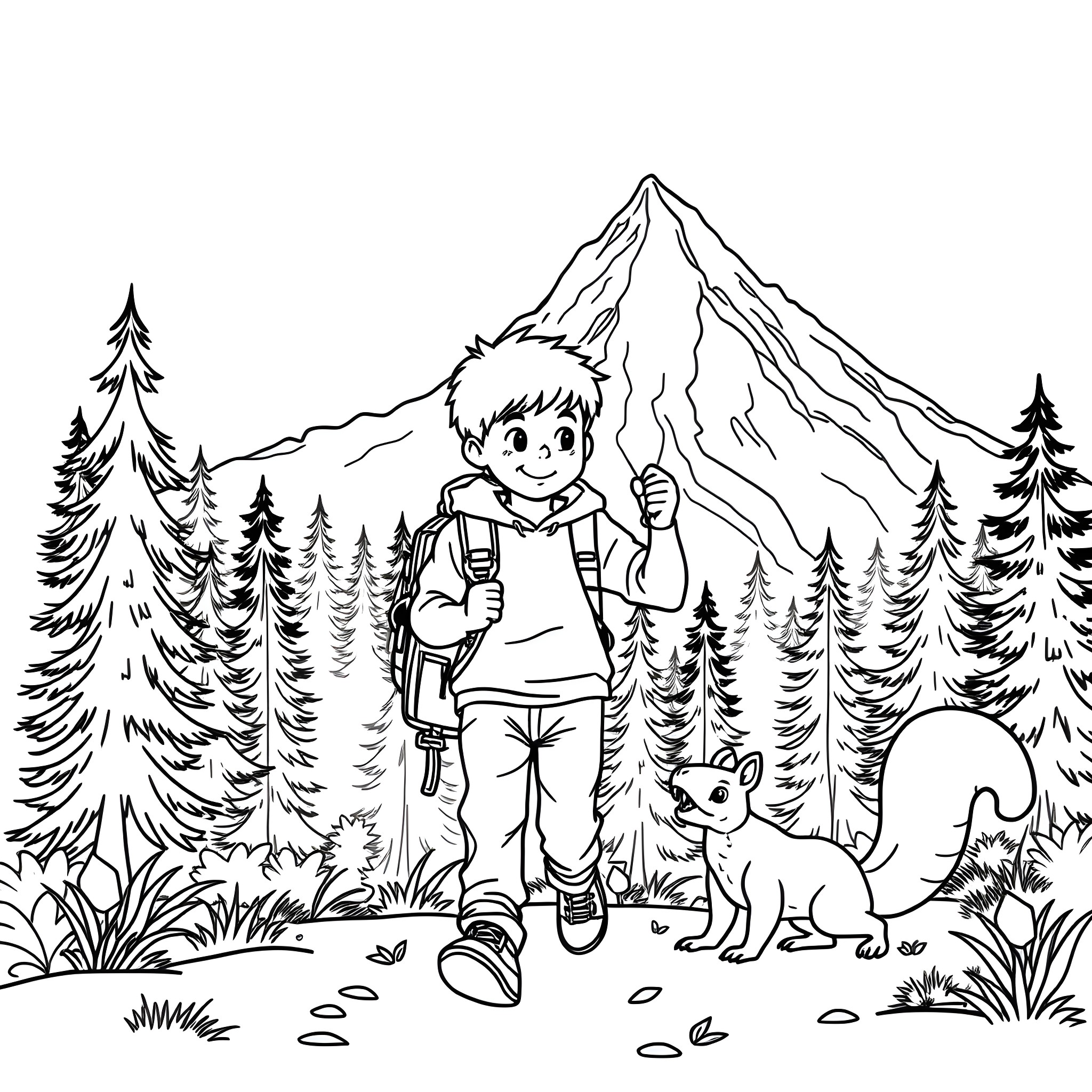 Boy hiking in the mountains with his pet Coloring Page (free black-and-white line drawing printable PDF for all, from beginners to advanced learners, including children, teens, adults, and seniors)