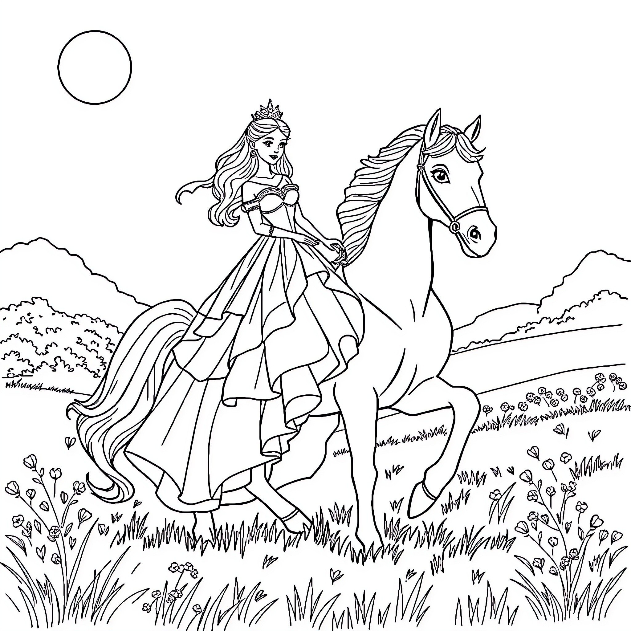 Princess Riding Majestic Horse Through Enchanting Meadow Coloring Page (free black-and-white line drawing printable PDF for all, from beginners to advanced learners, including children, teens, adults, and seniors)