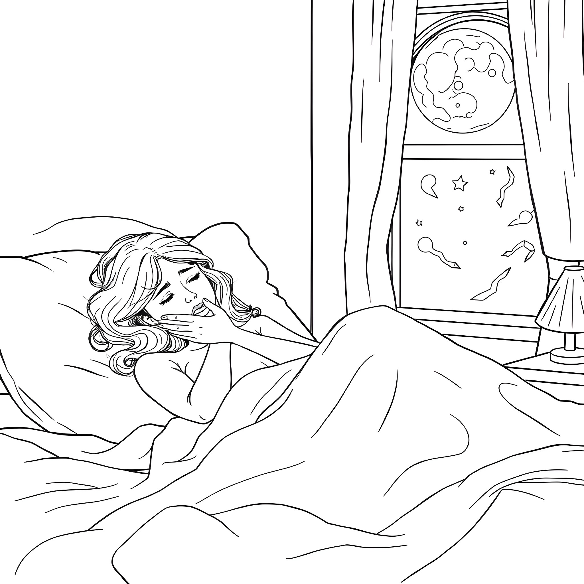 Man sleeping peacefully in his bedroom Coloring Page (free black-and-white line drawing printable PDF for all, from beginners to advanced learners, including children, teens, adults, and seniors)