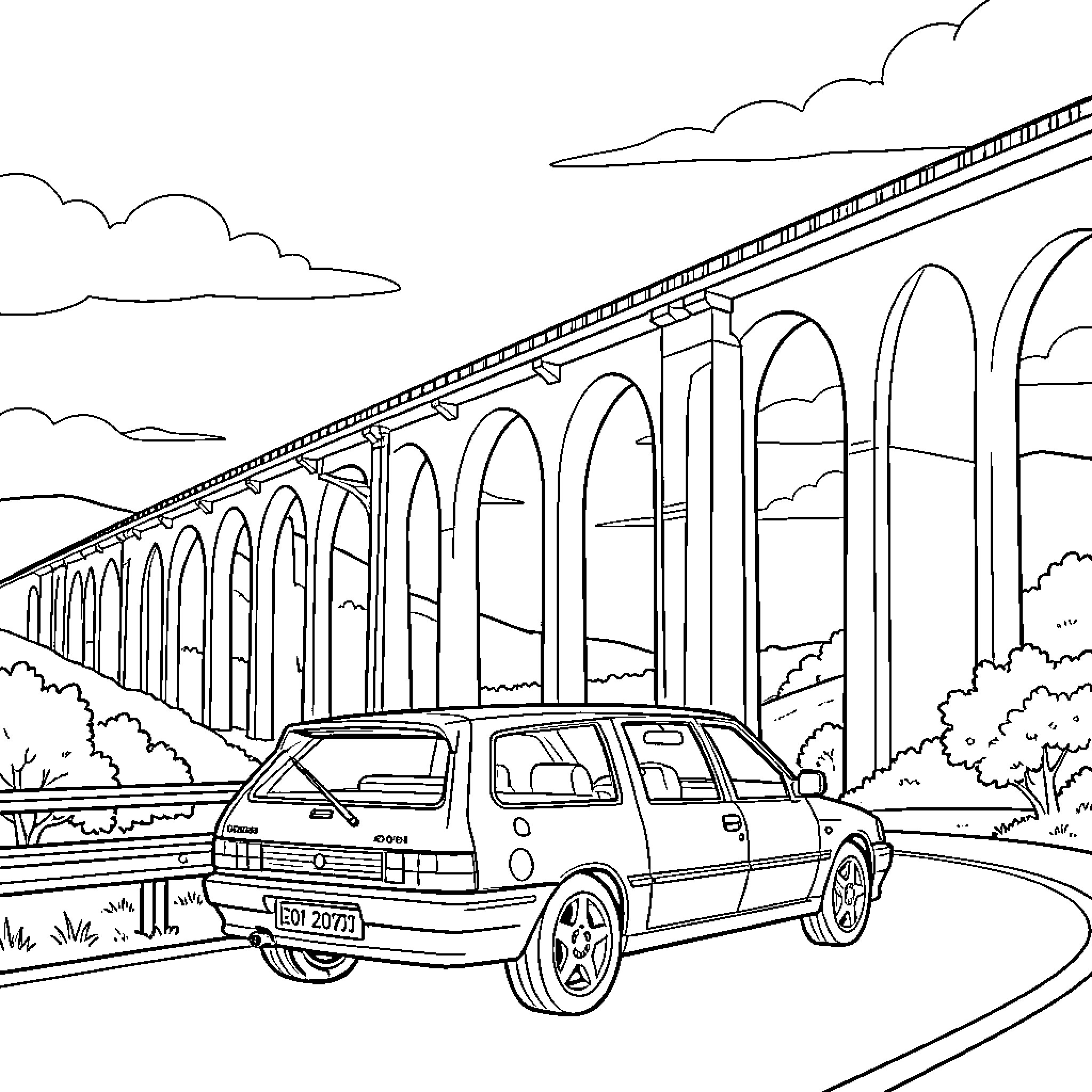 205 GTI driving along a scenic arched bridge Coloring Page (free black-and-white line drawing printable PDF for all, from beginners to advanced learners, including children, teens, adults, and seniors)