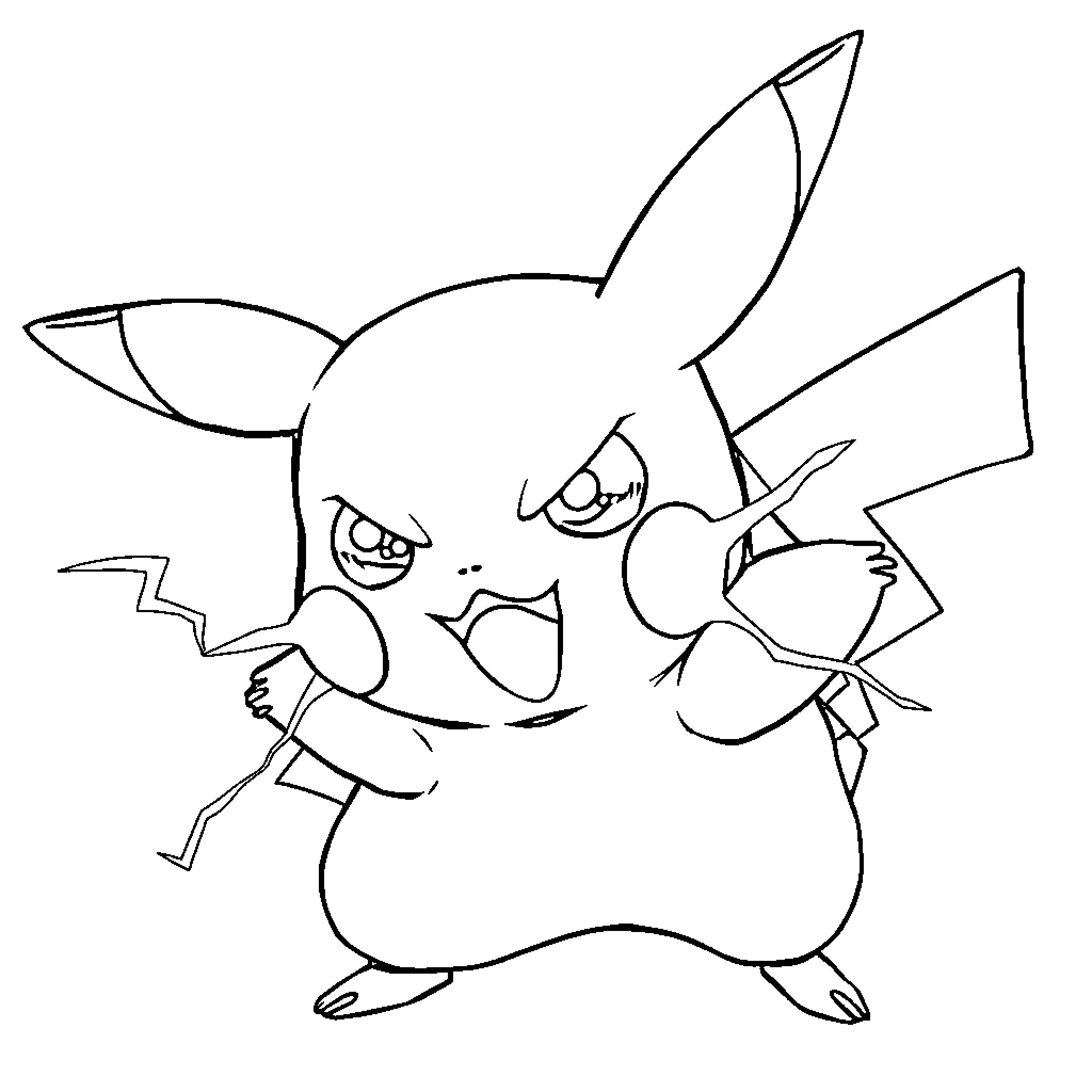 Pikachu in a fierce battle stance Coloring Page (free black-and-white line drawing printable PDF for all, from beginners to advanced learners, including children, teens, adults, and seniors)