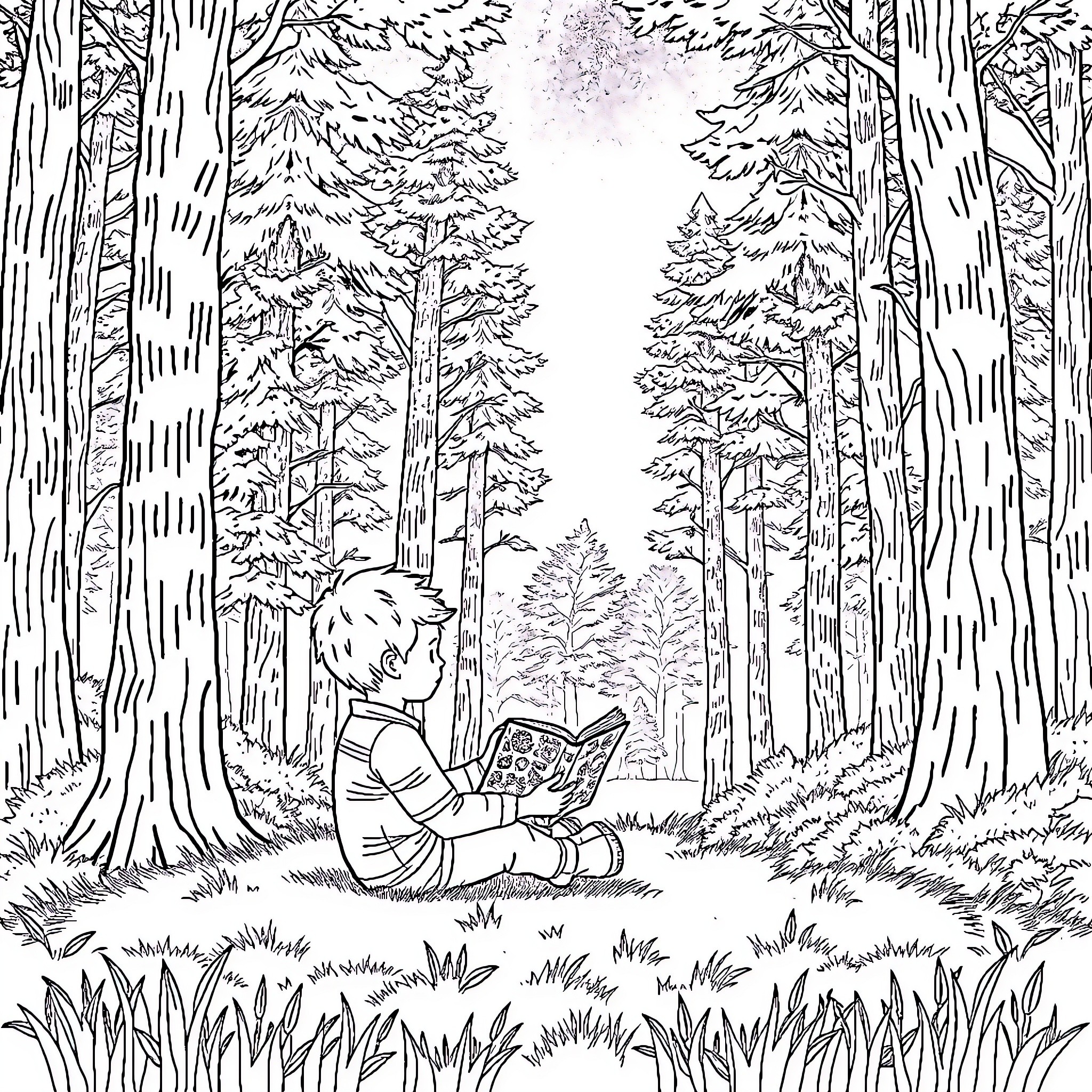 Boy reading book peacefully in forest Coloring Page (free black-and-white line drawing printable PDF for all, from beginners to advanced learners, including children, teens, adults, and seniors)