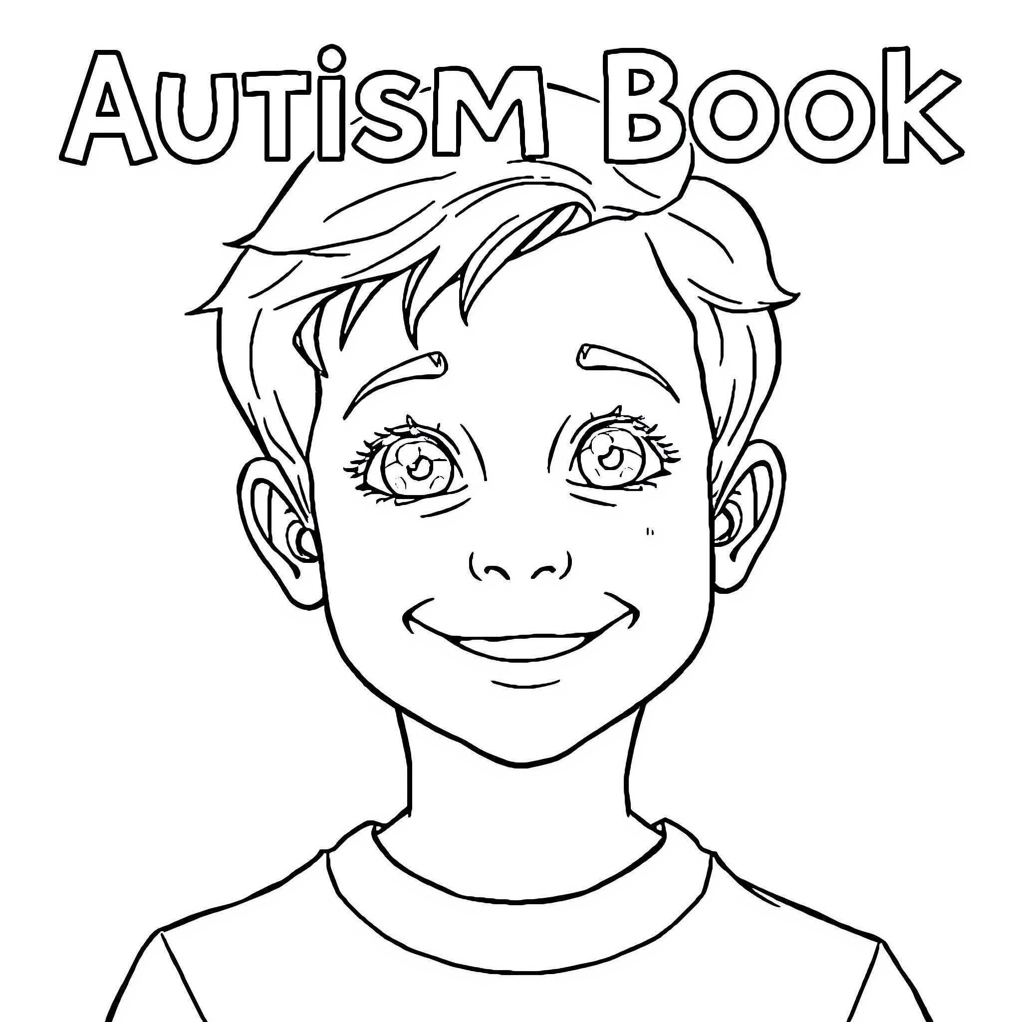 Boy smiling on autism book cover Coloring Page (free black-and-white line drawing printable PDF for all, from beginners to advanced learners, including children, teens, adults, and seniors)
