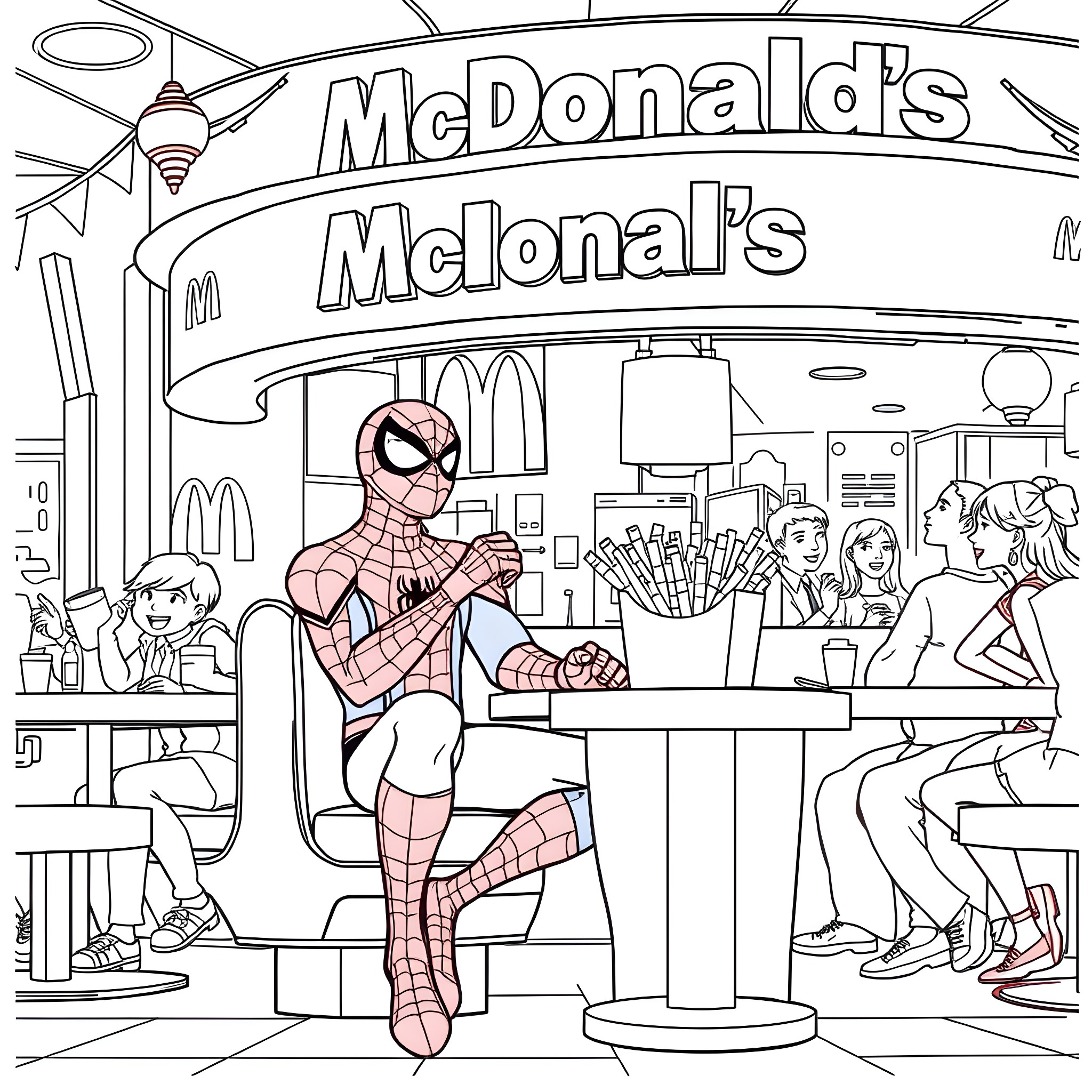 Spiderman enjoys a quick snack at the McDonald's Coloring Page (free black-and-white line drawing printable PDF for all, from beginners to advanced learners, including children, teens, adults, and seniors)