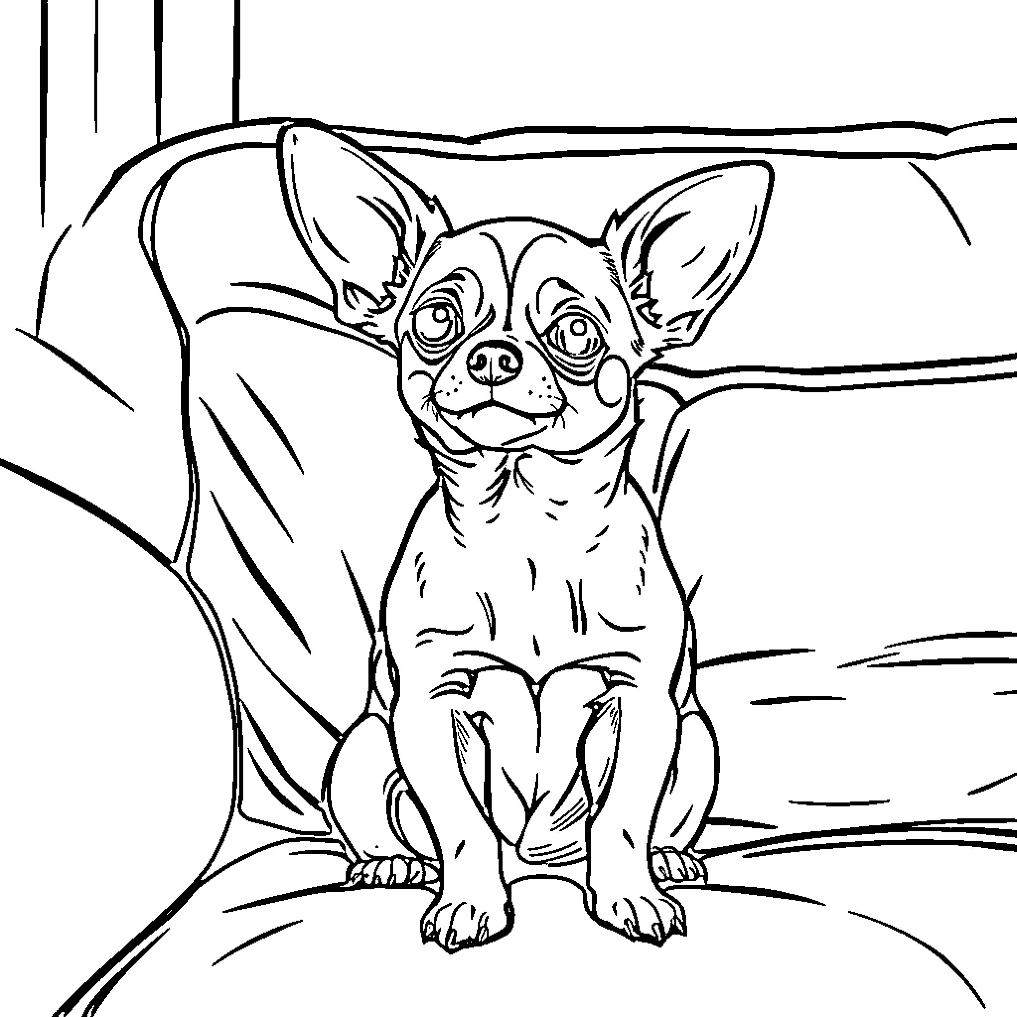 Chihuahua sitting happily in a cozy bed Coloring Page (free black-and-white line drawing printable PDF for all, from beginners to advanced learners, including children, teens, adults, and seniors)